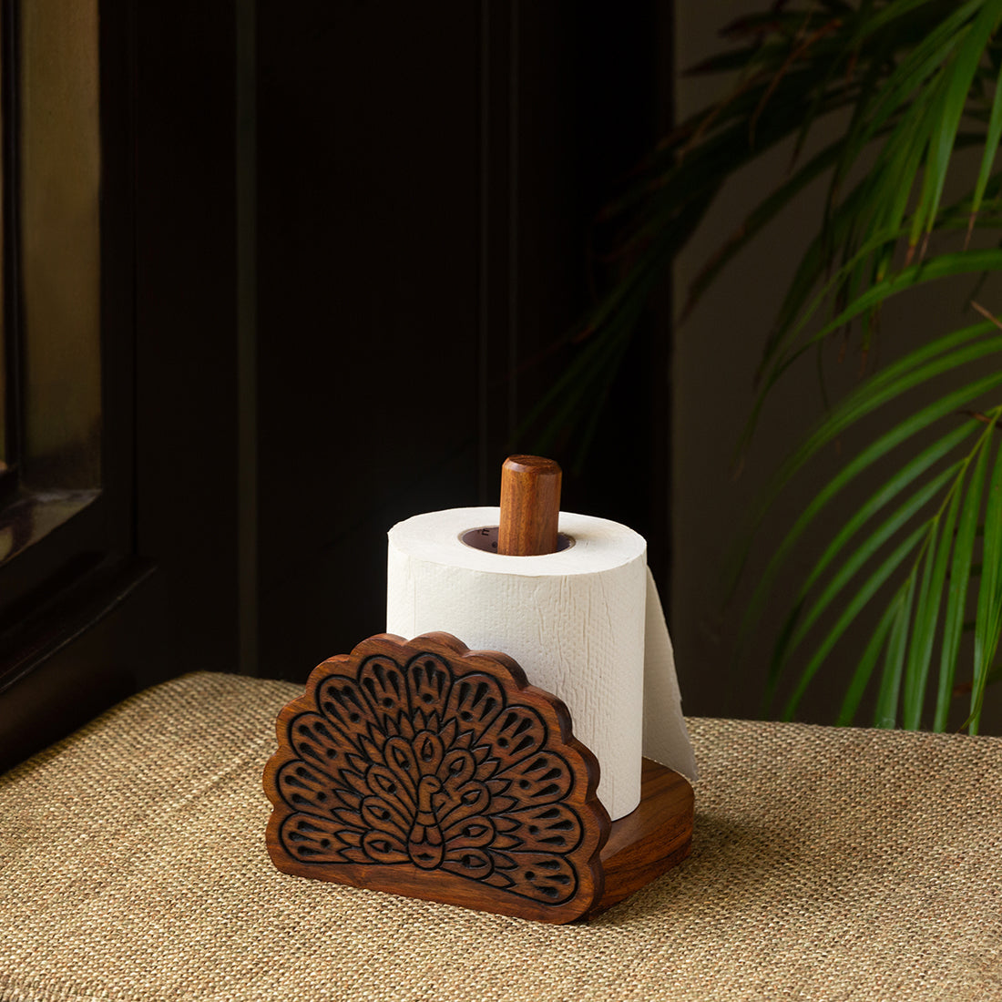 EXCLUSIVELANE Brown - 'The Dancing Peacock' Hand Carved Sheesham Wood Tissue Roll Holder