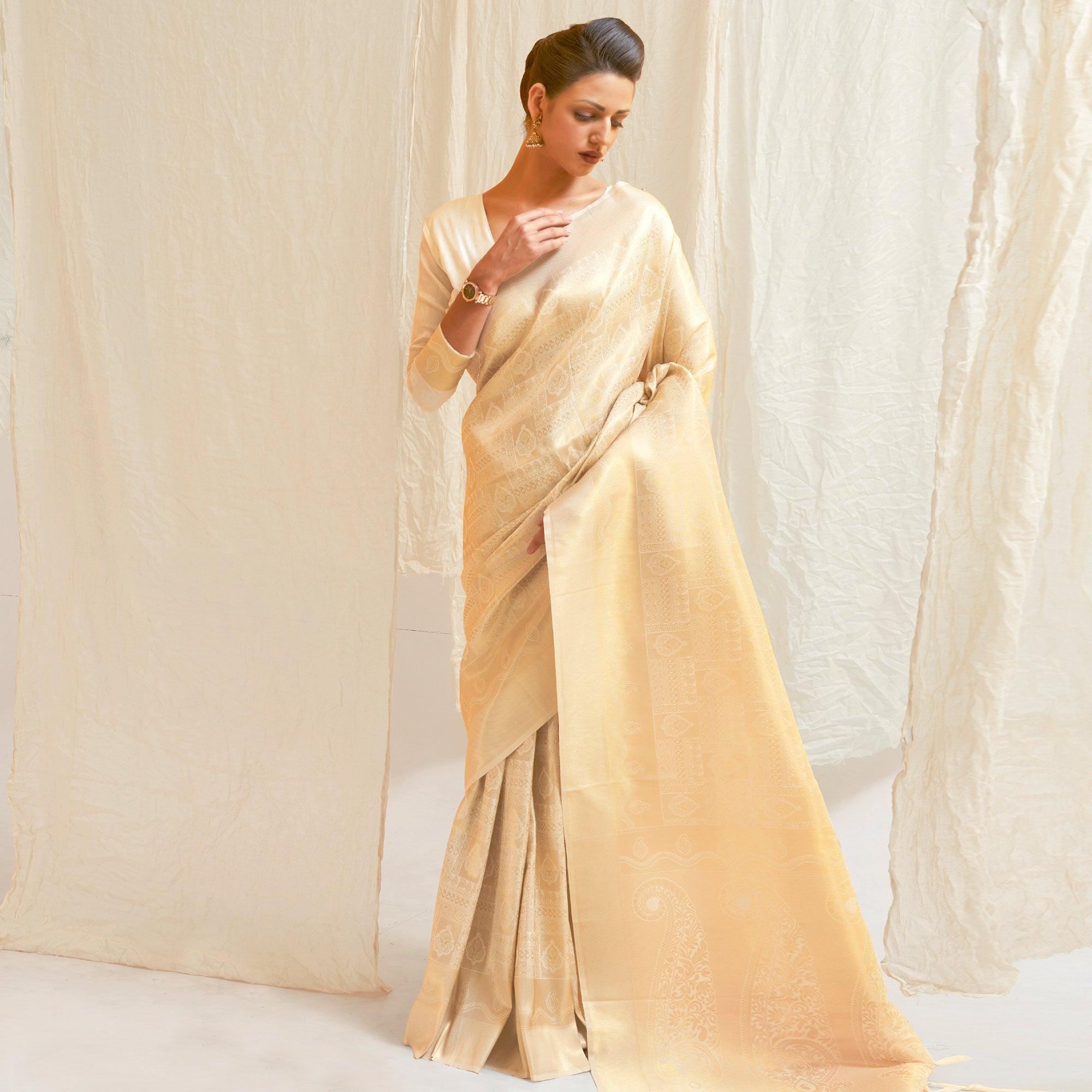 Peachmode Cream Festive Wear Designer Woven Silk Saree