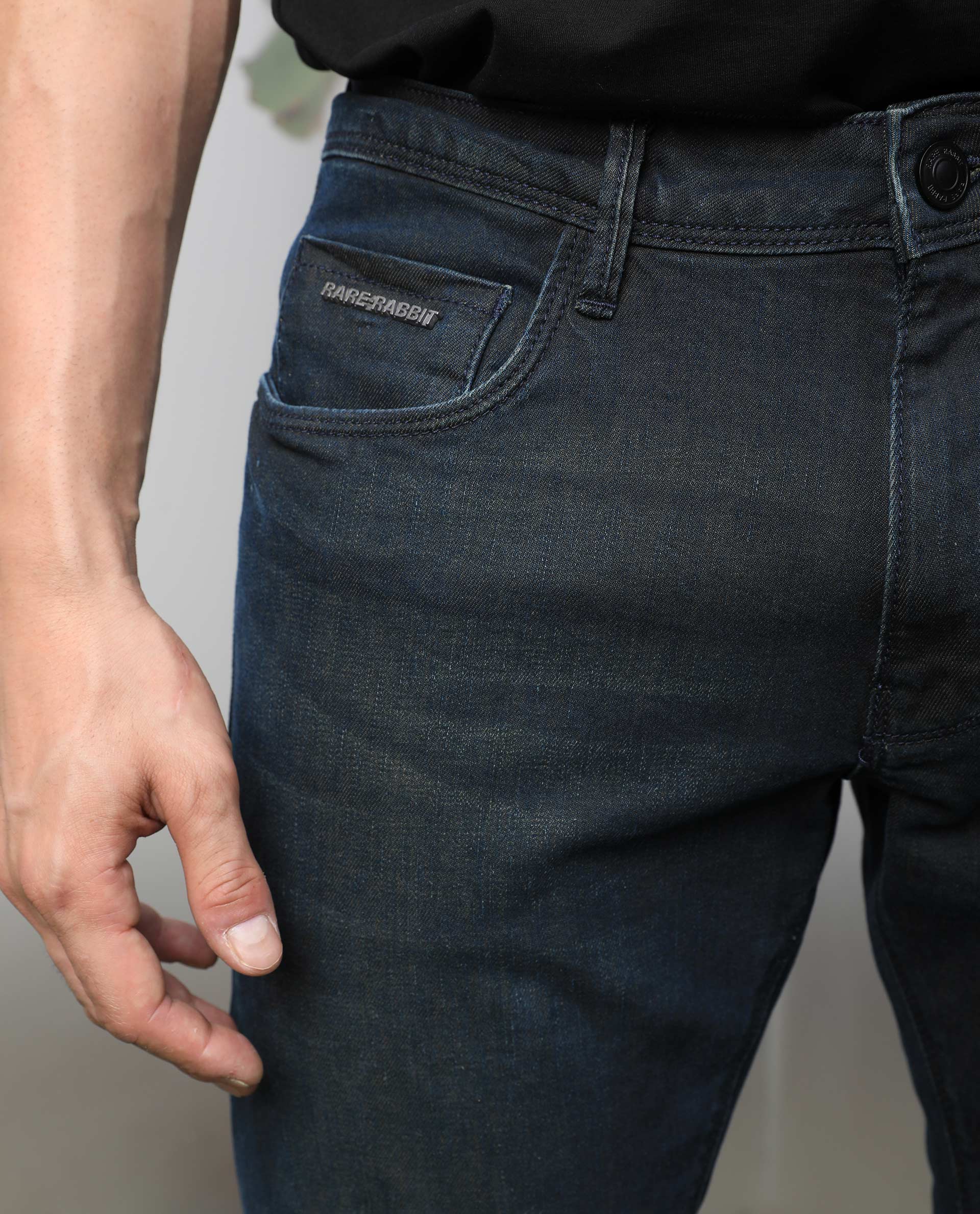 Rare Rabbit Men's Genevo Dusky Blue Mid-Rise Dark Wash Regular Fit Jeans - view 2