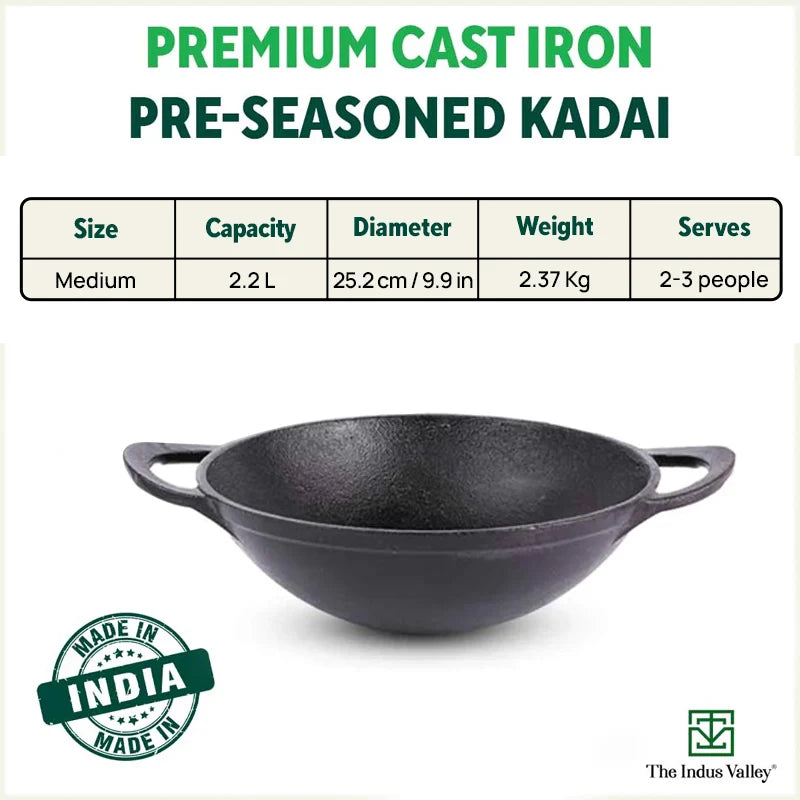 The Indus Valley CASTrong Cast Iron Kadai+ Free ₹110 Spatula, Pre-seasoned, Nonstick, 100% Pure, Toxin-free, 25.2cm, 2.2L, 2.37kg - view 3
