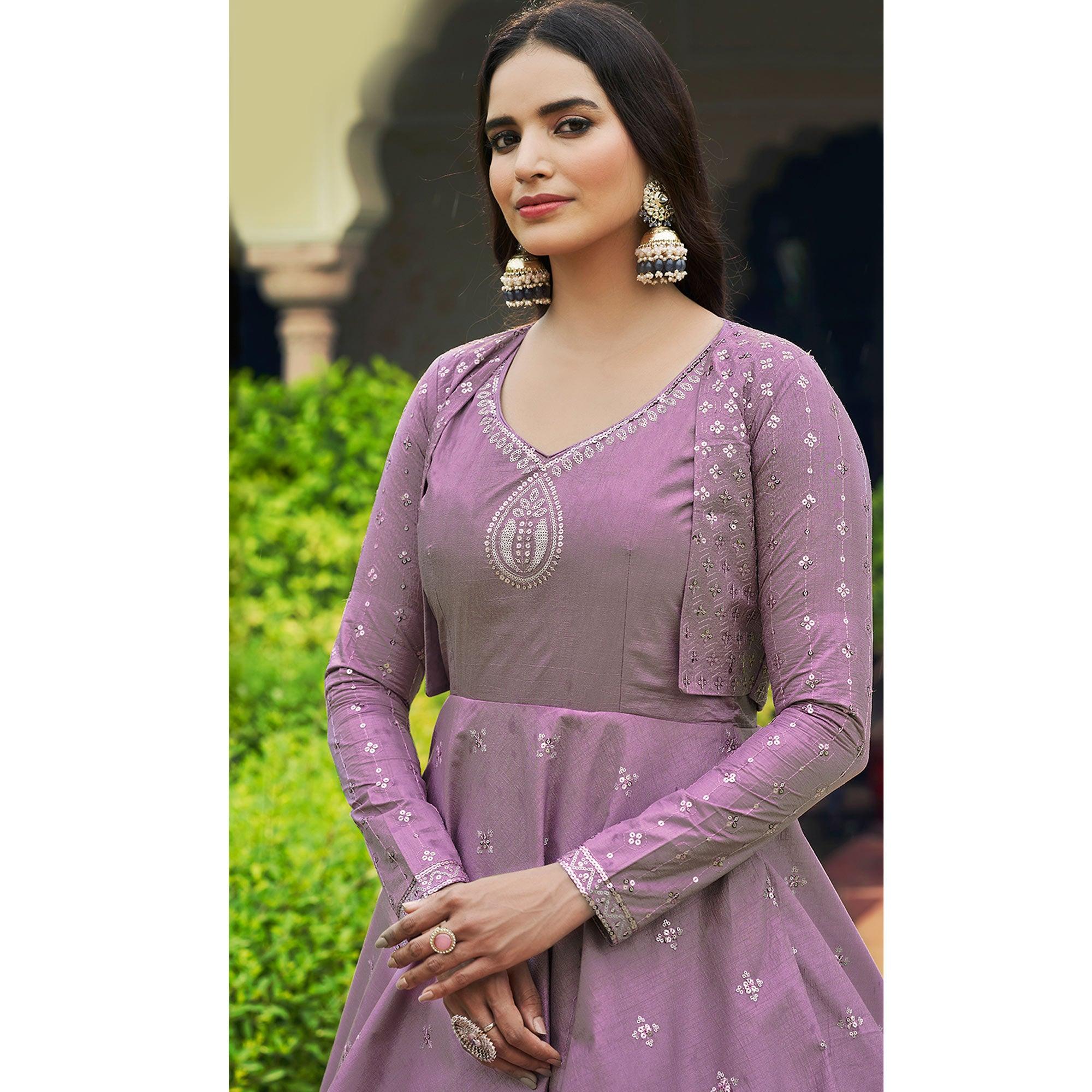 Peachmode Lavender Sequins Embroidered Pure Cotton Gown With Koti - view 4