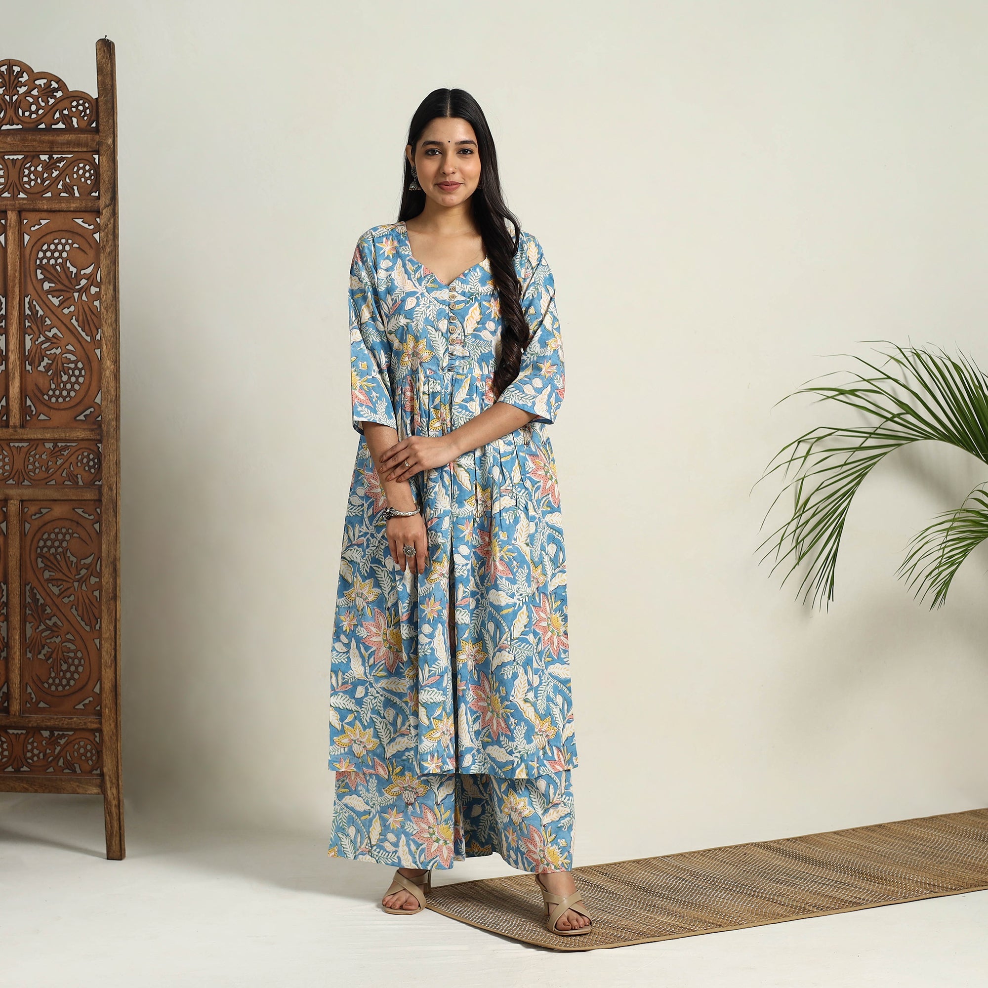 ITOKRI CASUALS Blue - Block Print Cotton Flared Sanganeri Kurta Set 11 - view 2