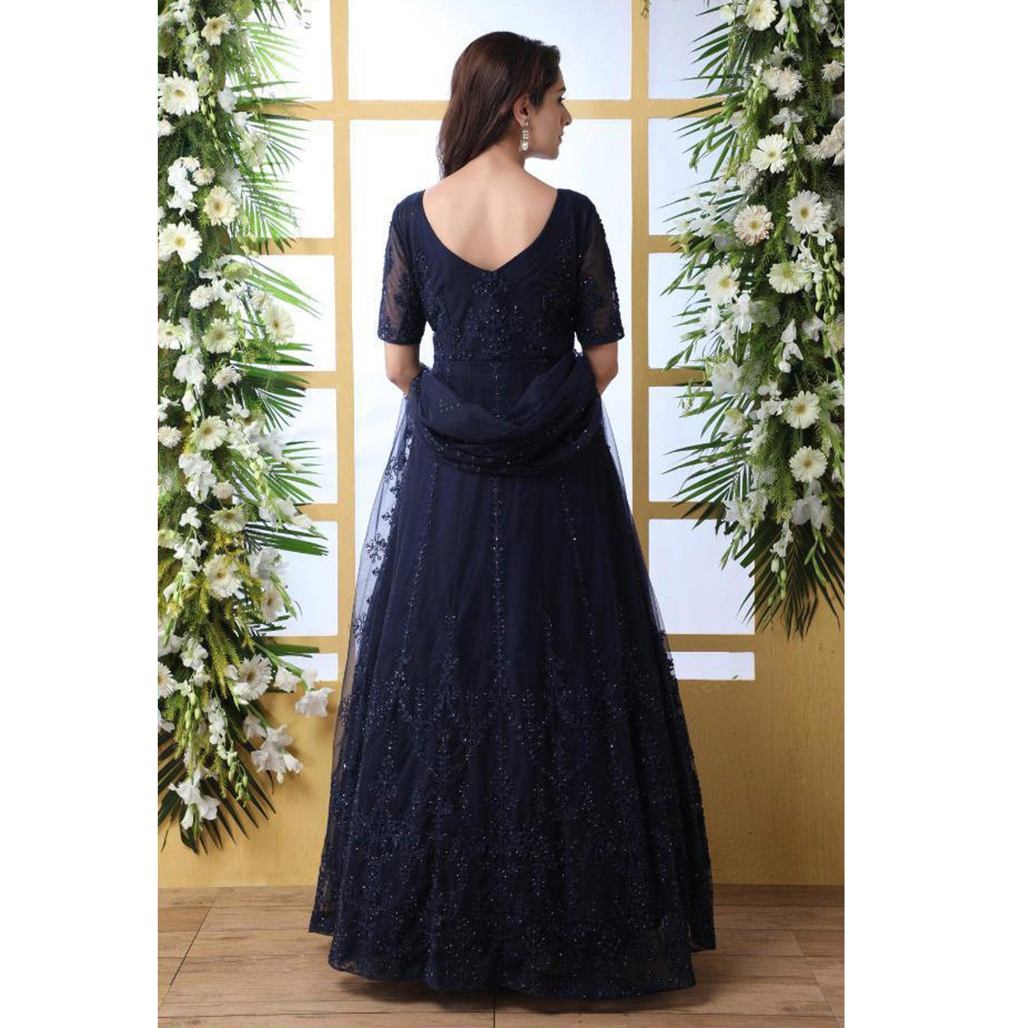 Peachmode Hypnotic Navy Blue Colored Party Wear Embroidered Net Gown With Dupatta - view 3