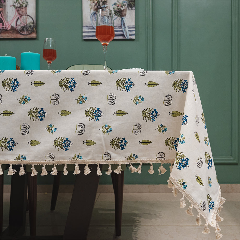Urban Space Home Furnishing 100% Cotton Dining Table Cover with Boho Tassels Printed - Calico Blue