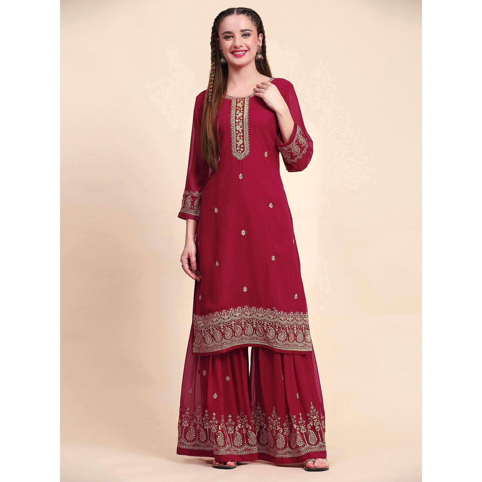 Peachmode Maroon Floral Embroidered Georgette Semi Stitched Suit - view 6