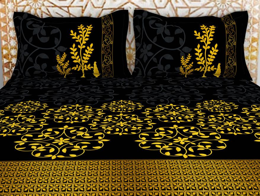 Spaces India Floral Black 100% Cotton King Size Bedsheet - Gold - Rangana By Spaces - view 4