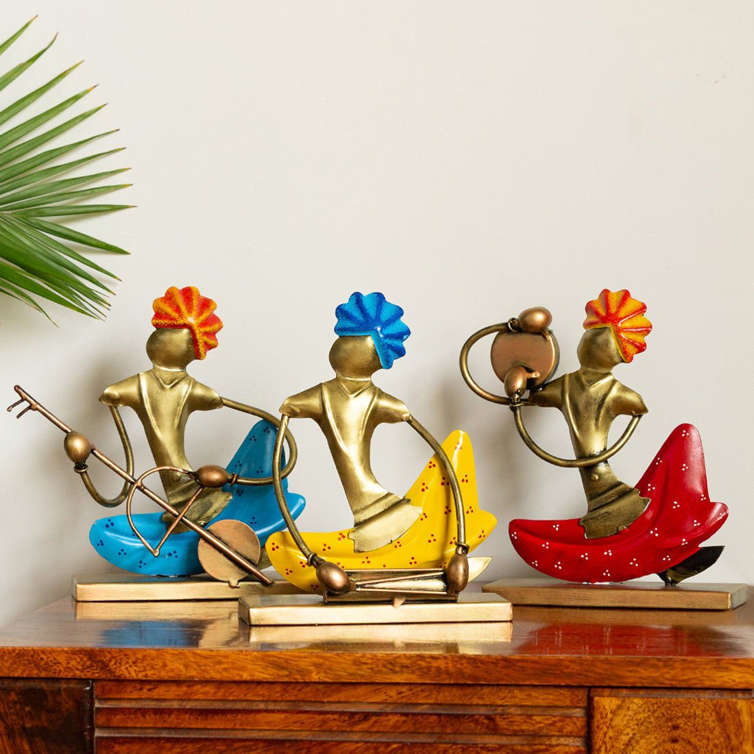 EXCLUSIVELANE 'Folk Music Mahotsav' Handpainted Decorative Showpieces (Set of 3, Iron, 8 Inch)