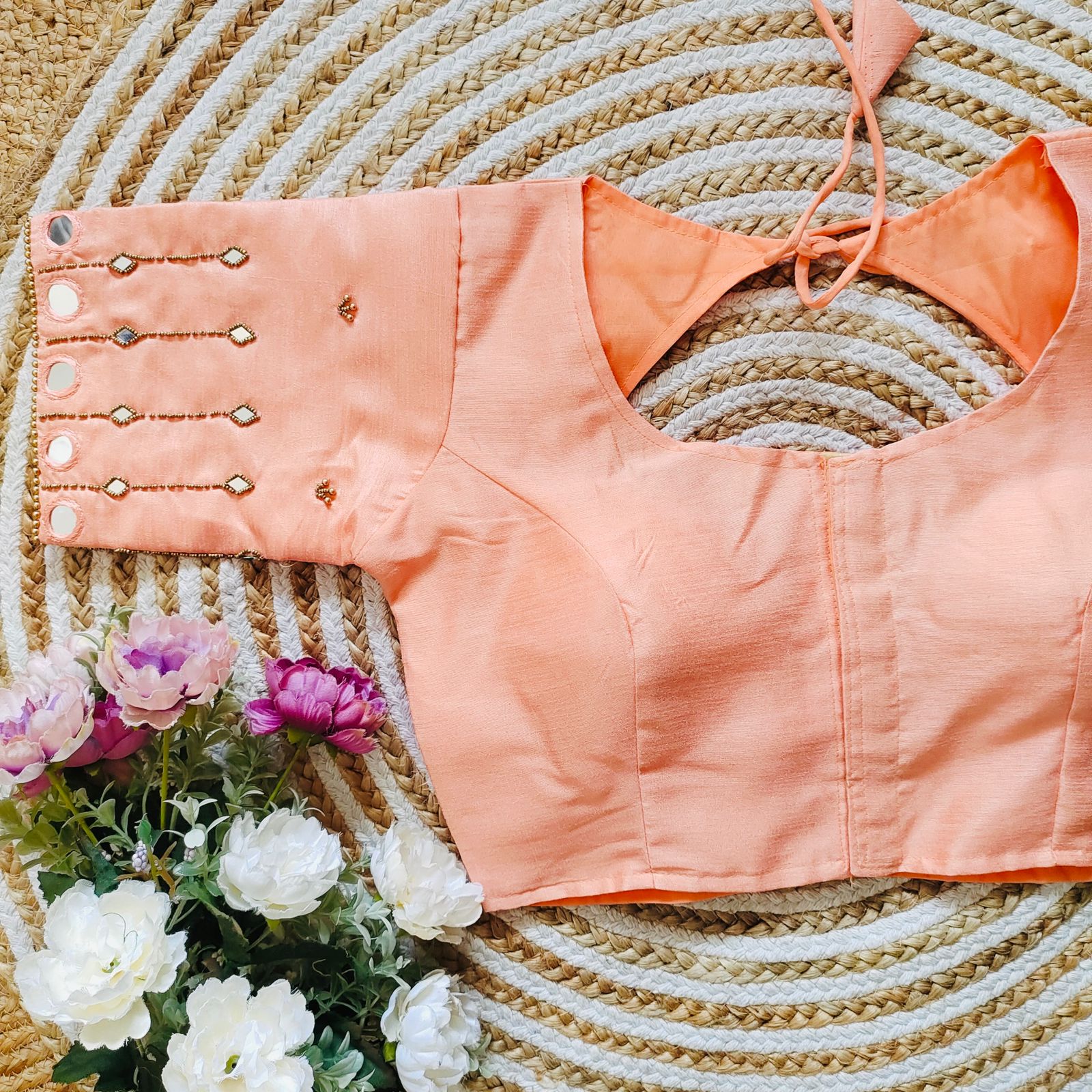 ClothsVilla Orange Russian Silk Blouse with Mirror and Pearl Embellishments - view 4