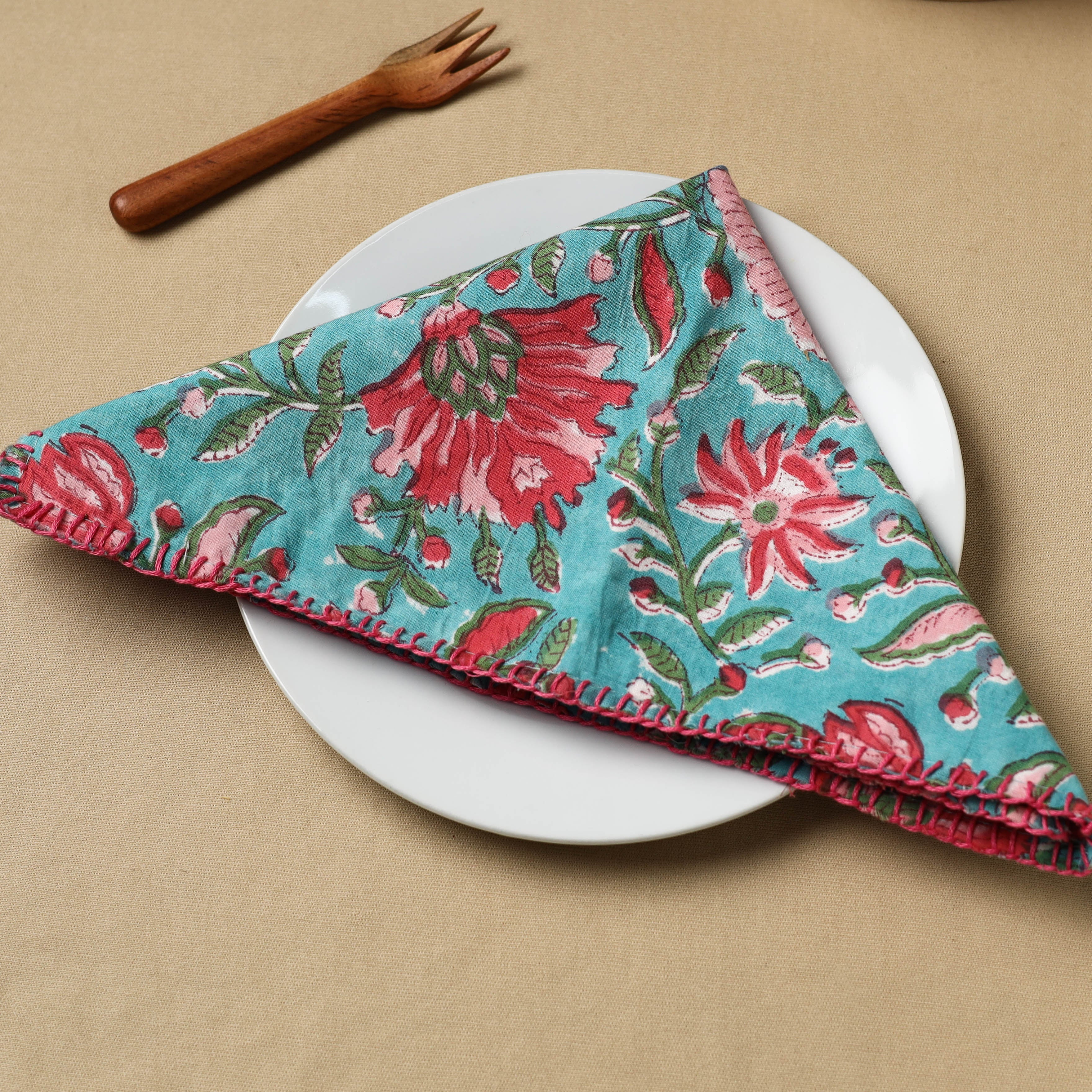 NOORI BAZAR Blue - Floral Block Print Hand Embroidery Table Napkin 07 - view 2