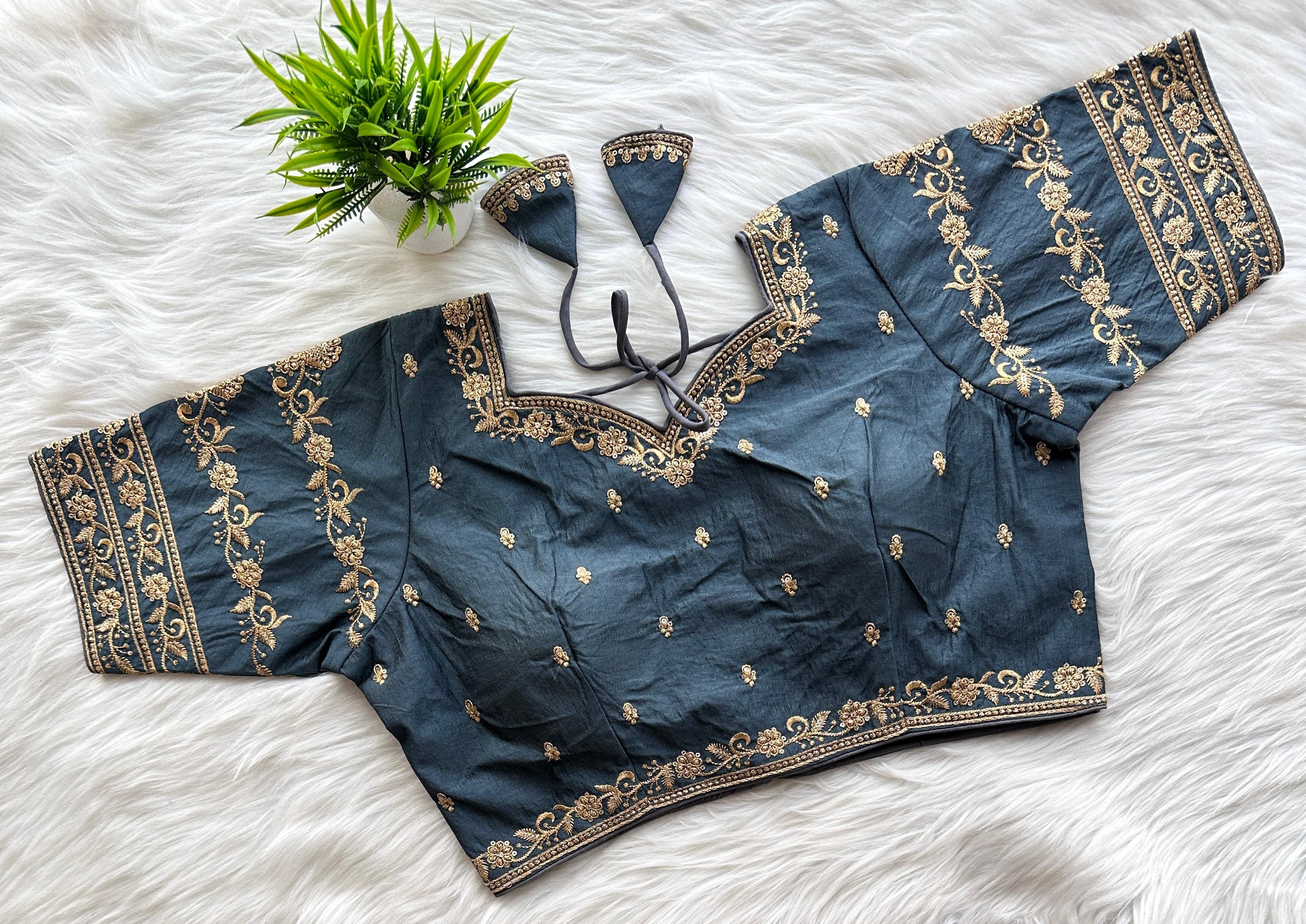 ClothsVilla Grey Rajbhog Silk Embroidered Blouse with Handcrafted Detailing