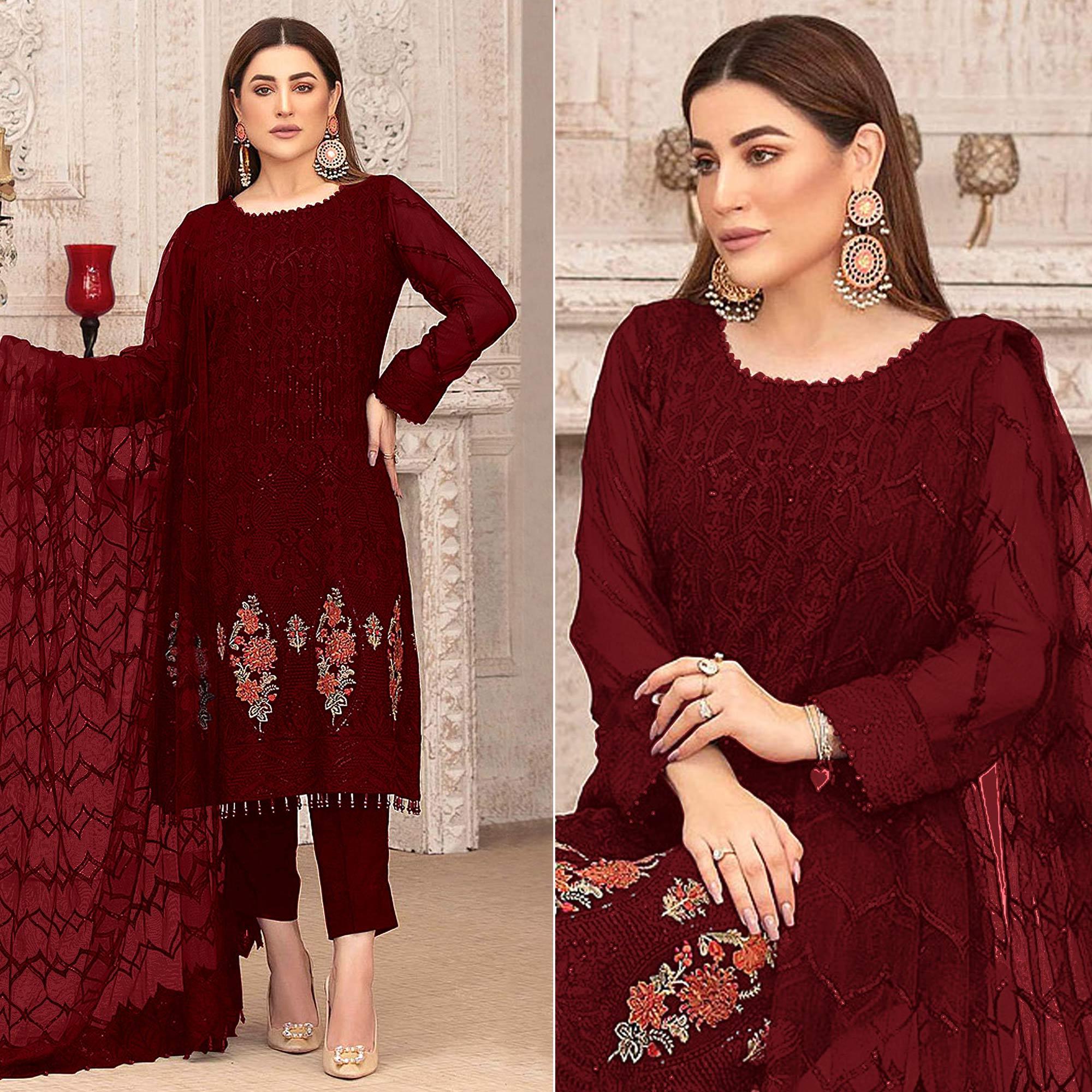 Peachmode Dark Red Sequins With Floral Embroidered Georgette Pakistani Suit
