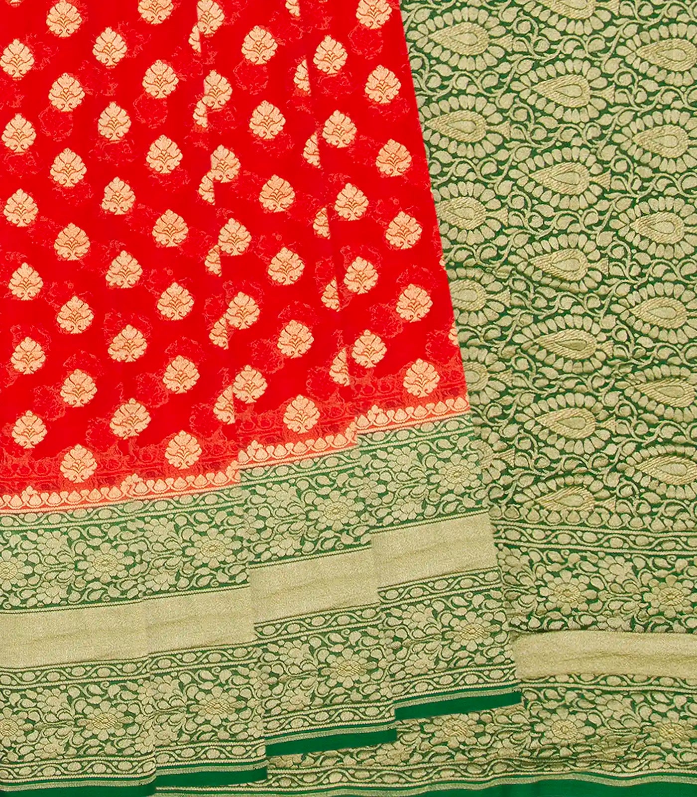 RmKV Red Handloom Banarasi Khaddi Georgette Saree With Floral Motifs & Green Border-Red