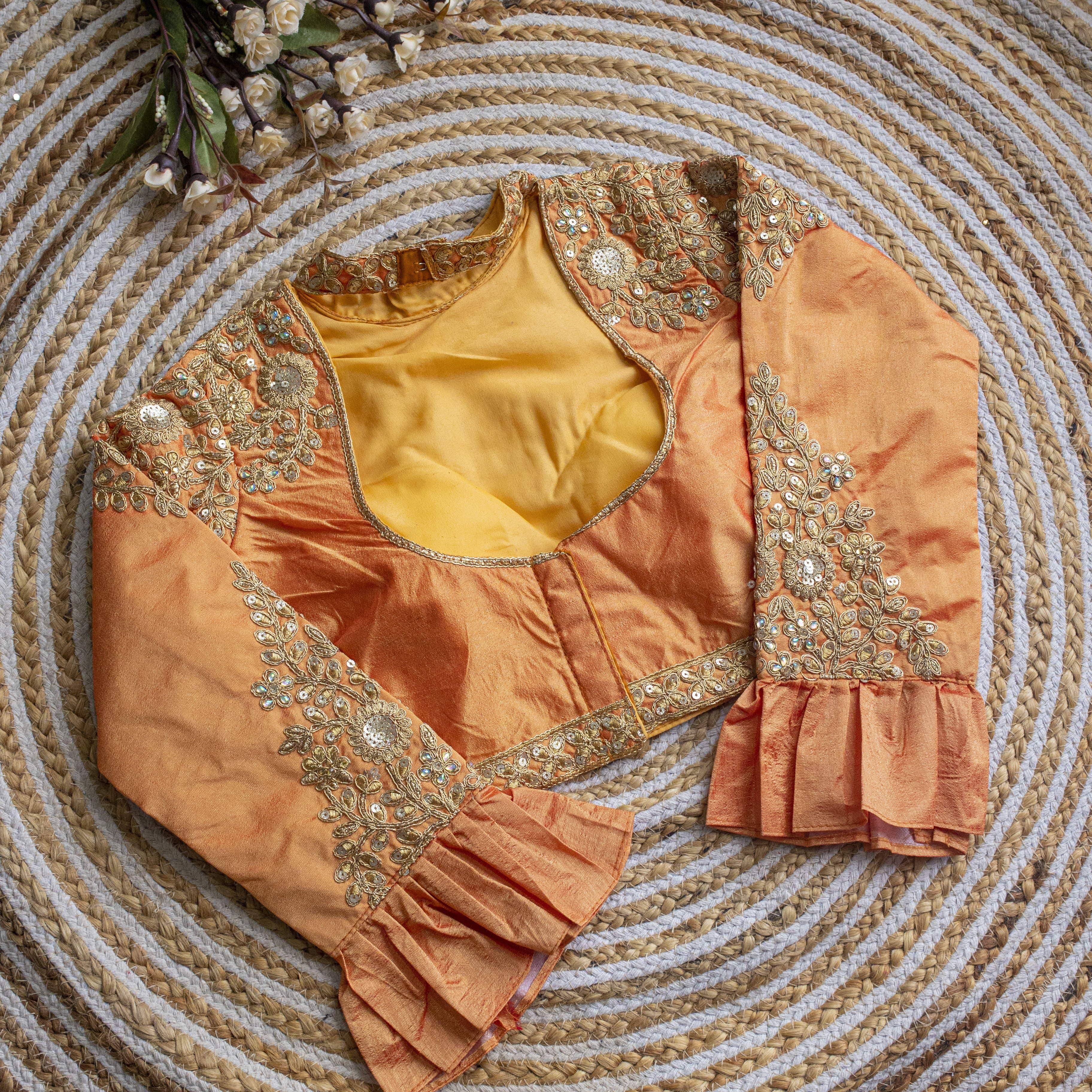 ClothsVilla Cream Golden Sequence Embroidered Blouse in glossy silk