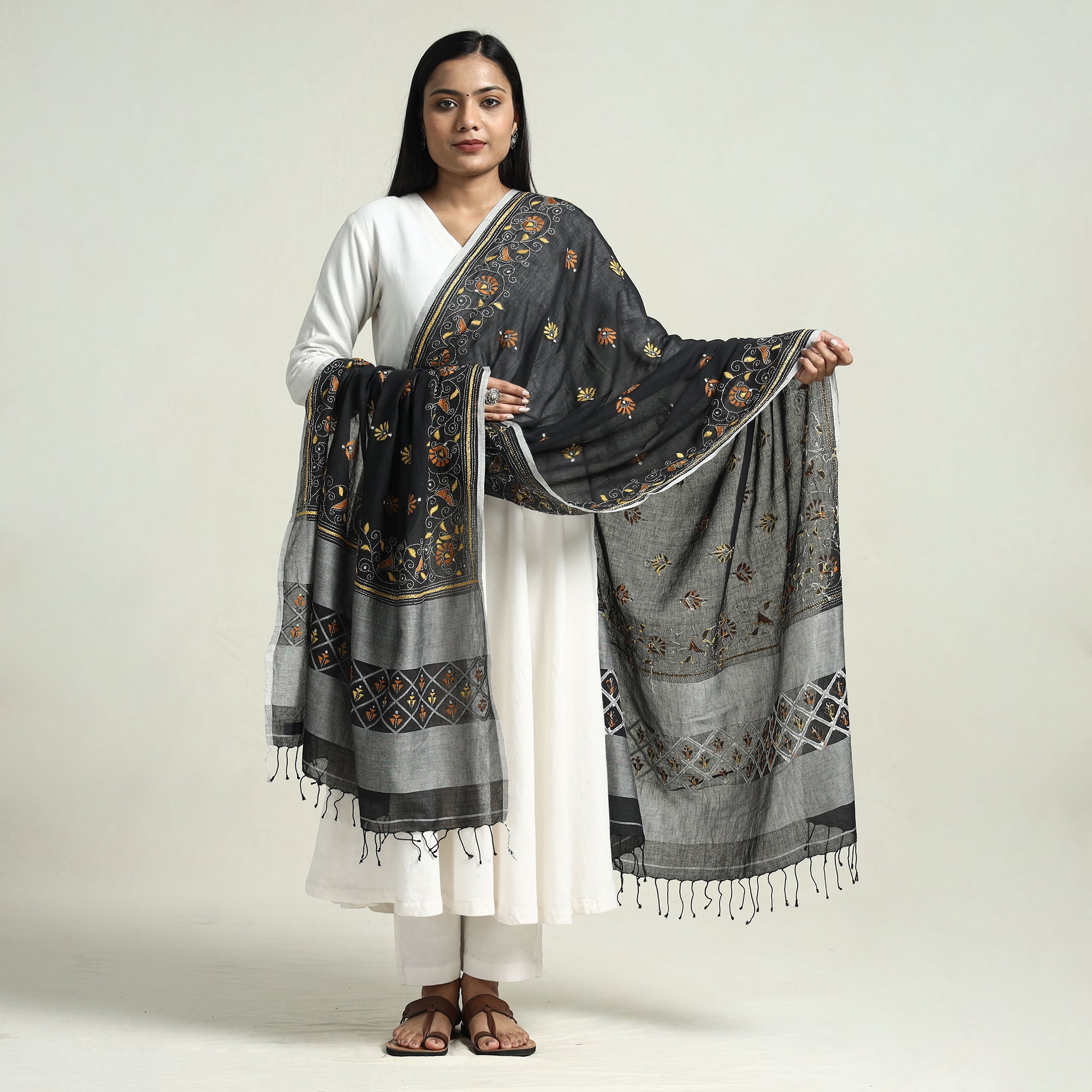 KHUSHBASH - HAPPY LOOM OF EAST Black - Bolpur Kantha Embroidery Cotton Handloom Dupatta with Tassels - view 2