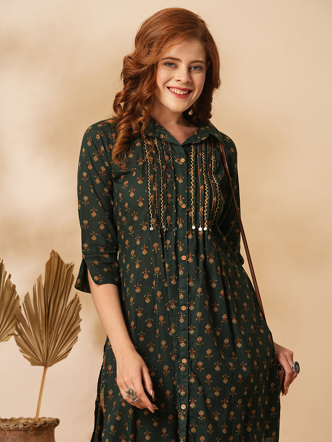 Fashor Floral Printed & Embroidered Straight Fit Kurta with Pant - Green - view 2