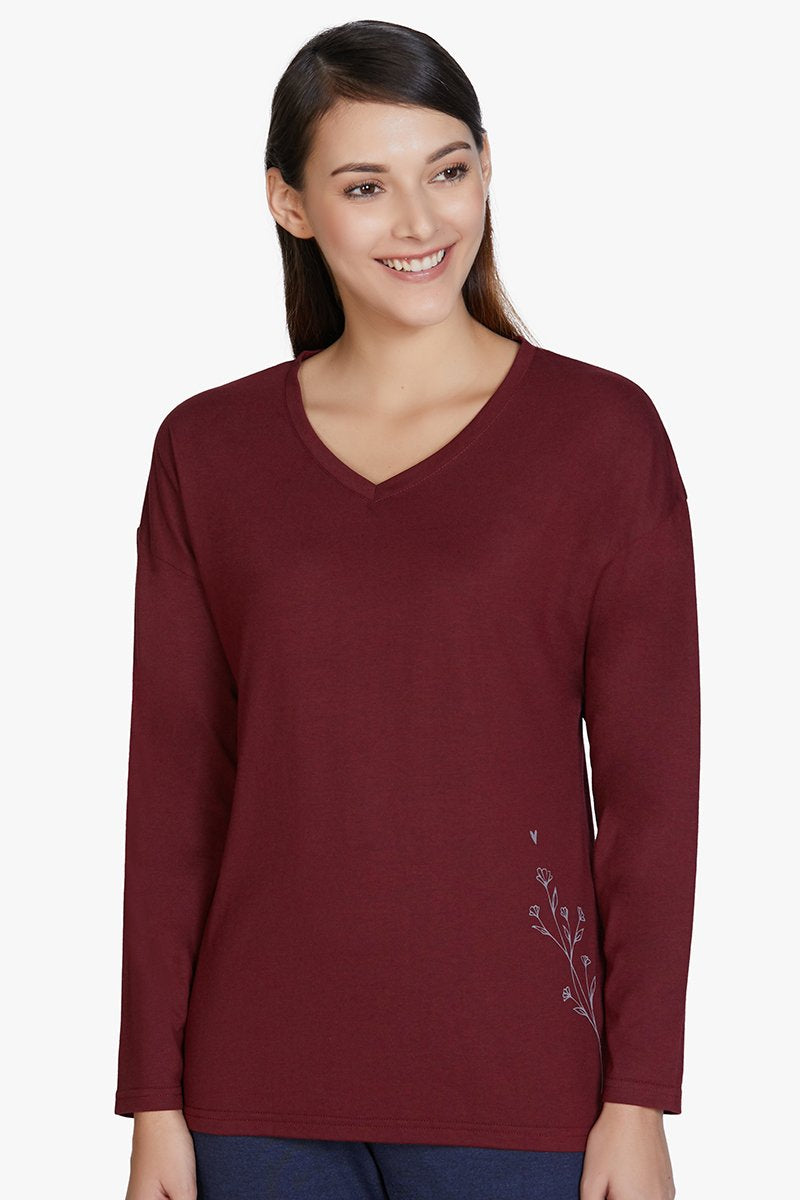 Amante Cotton Blend Long Sleeve Sleep T-shirt - Maroon