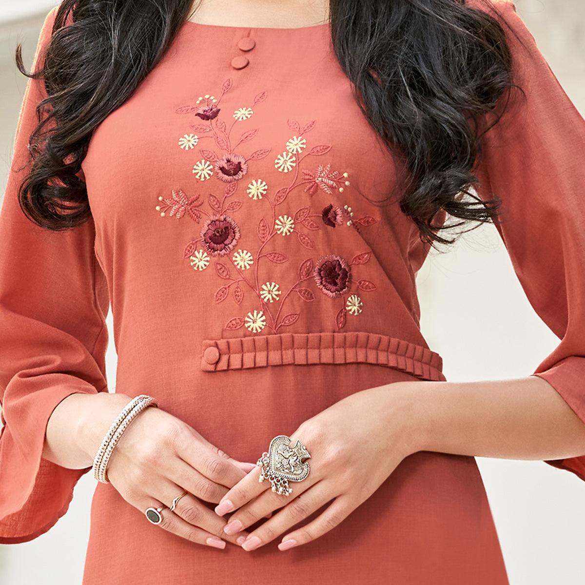 Peachmode Seller Eye-catching Rust Orange Colored Partywear Embroidered Cotton Slub Kurti Palazzo Set - view 2