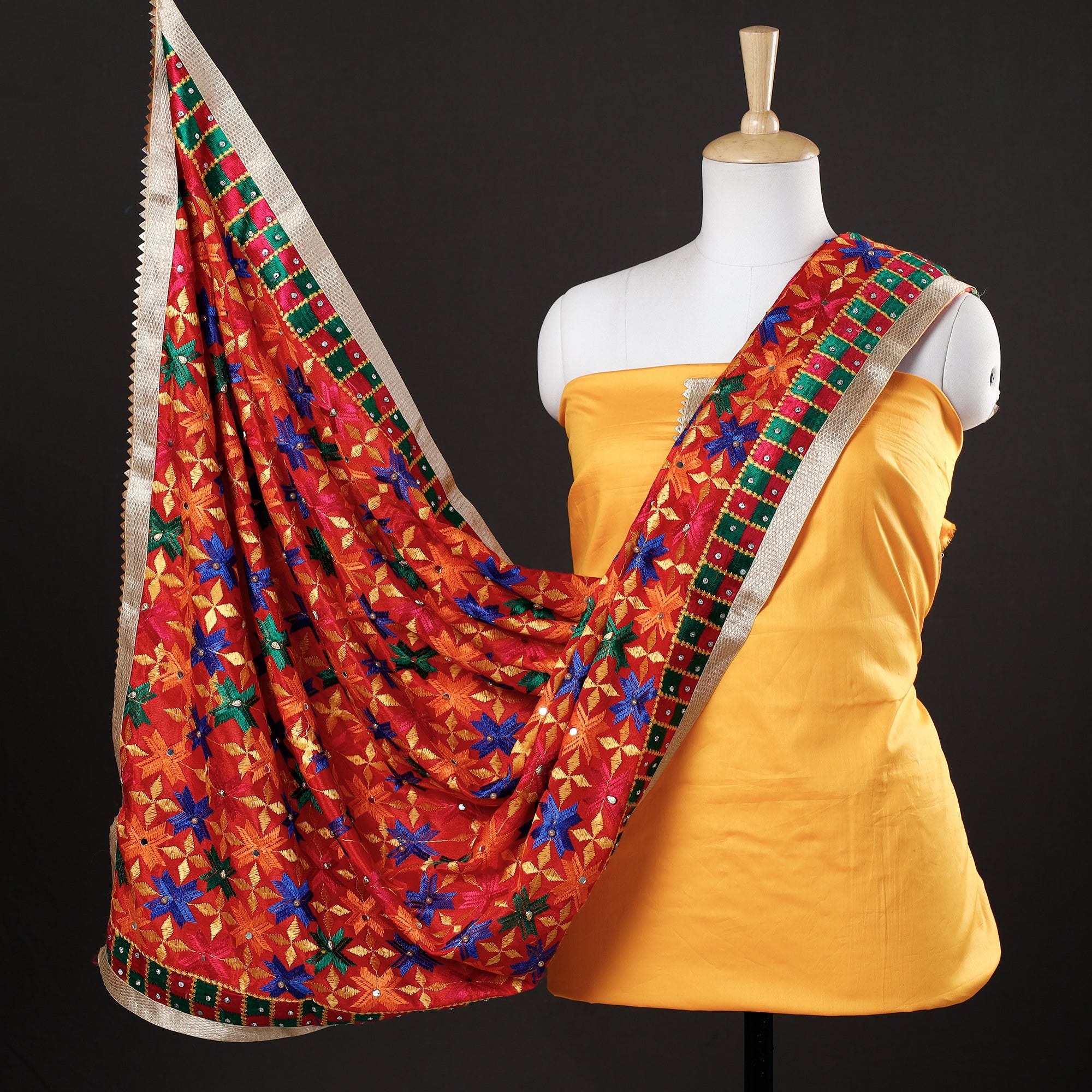 ITOKRI CRAFTS INITIATIVE Yellow - 3pc Phulkari Embroidery Glazed Cotton Suit Material Set with Chinon Dupatta 09