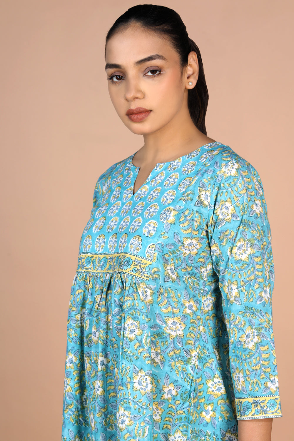 Kalanjali Ethnics Floral sky blue Sanganeri handblock printed cotton Kurti - view 6