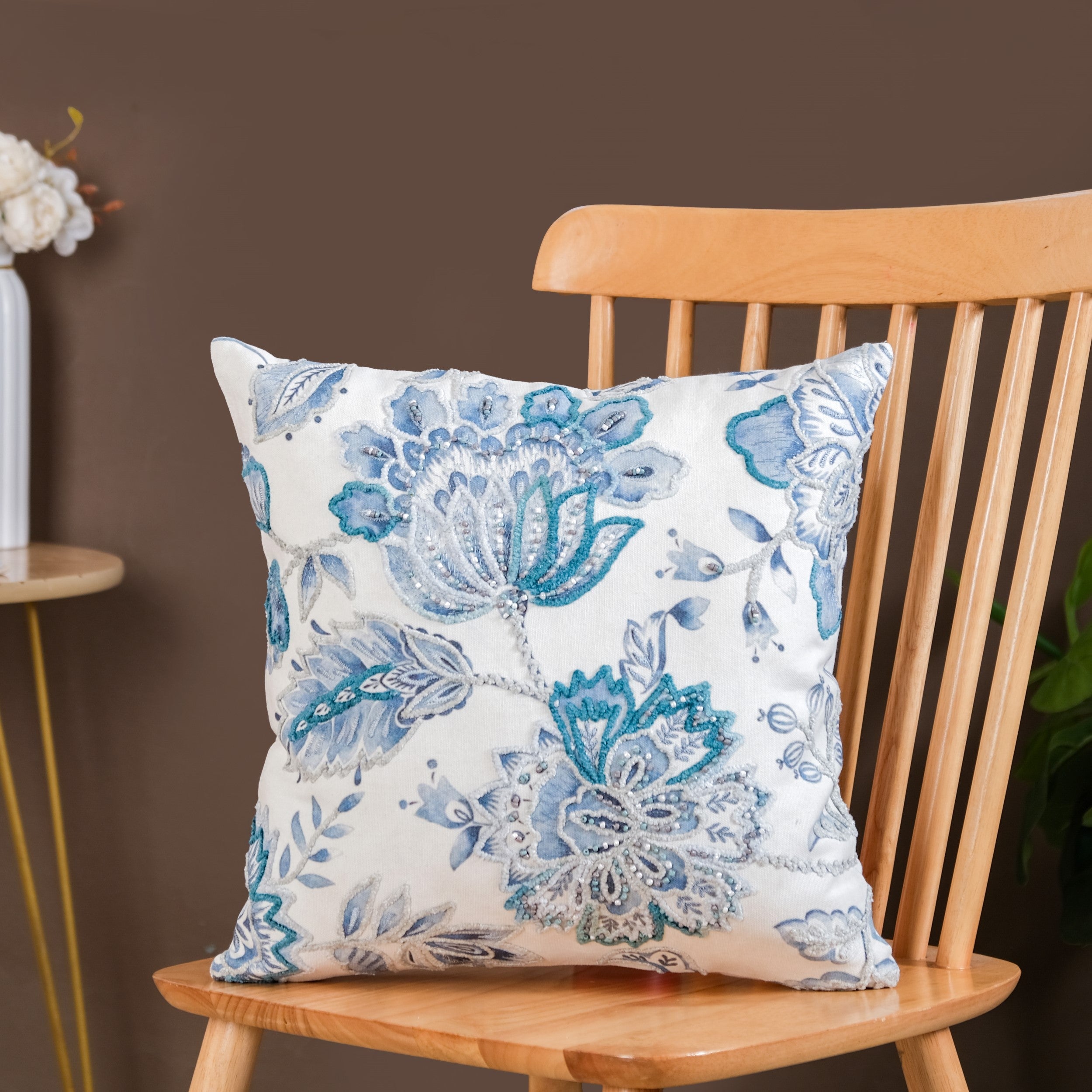 Nestasia Icy Flora Cushion Cover With Bead Embellishments 40x40 cm