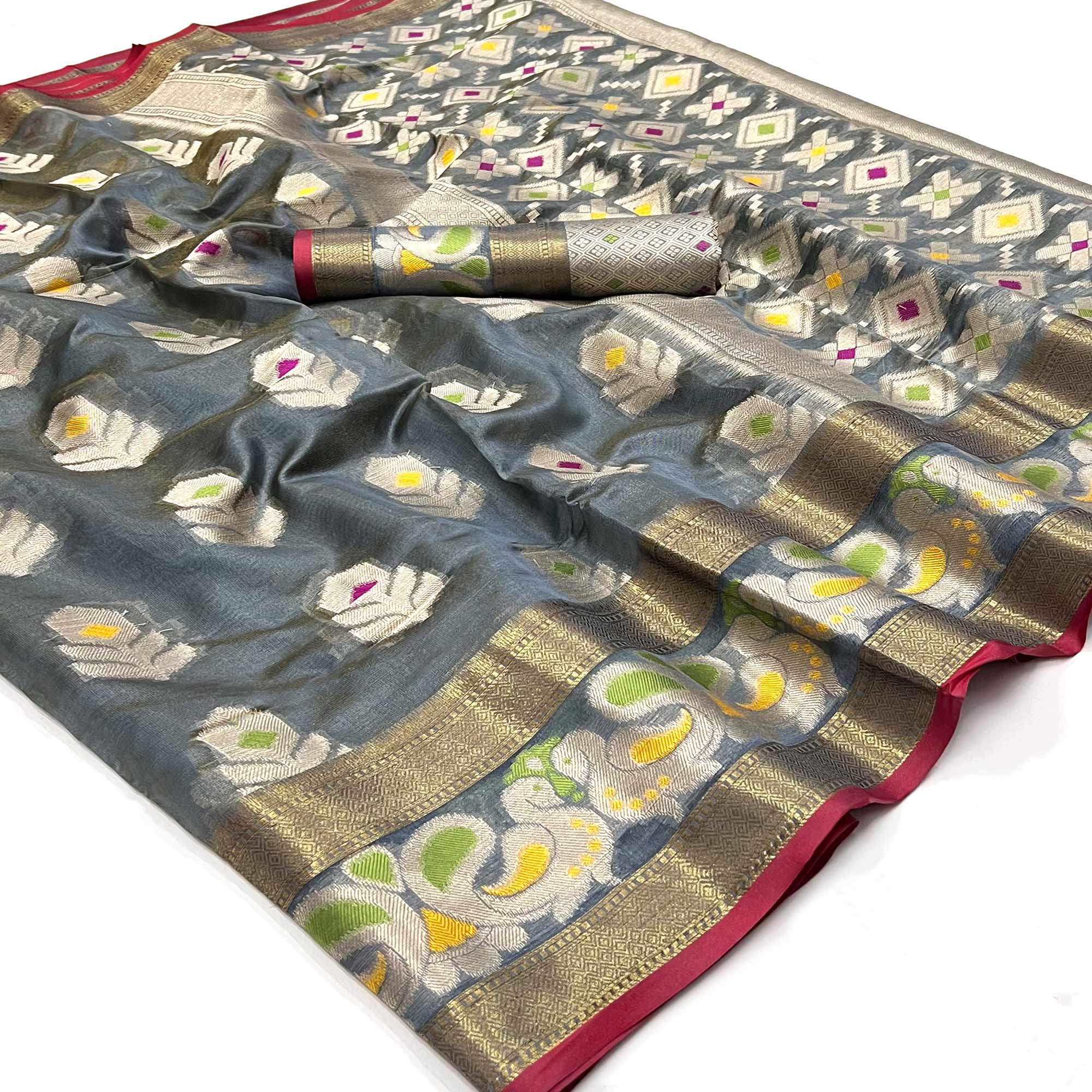 Peachmode Grey Woven Jacquard Saree – Women's