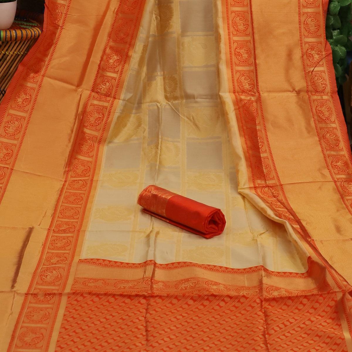 Peachmode Mesmerising Cream Colored Festive Wear Woven Soft Silk Saree - view 2