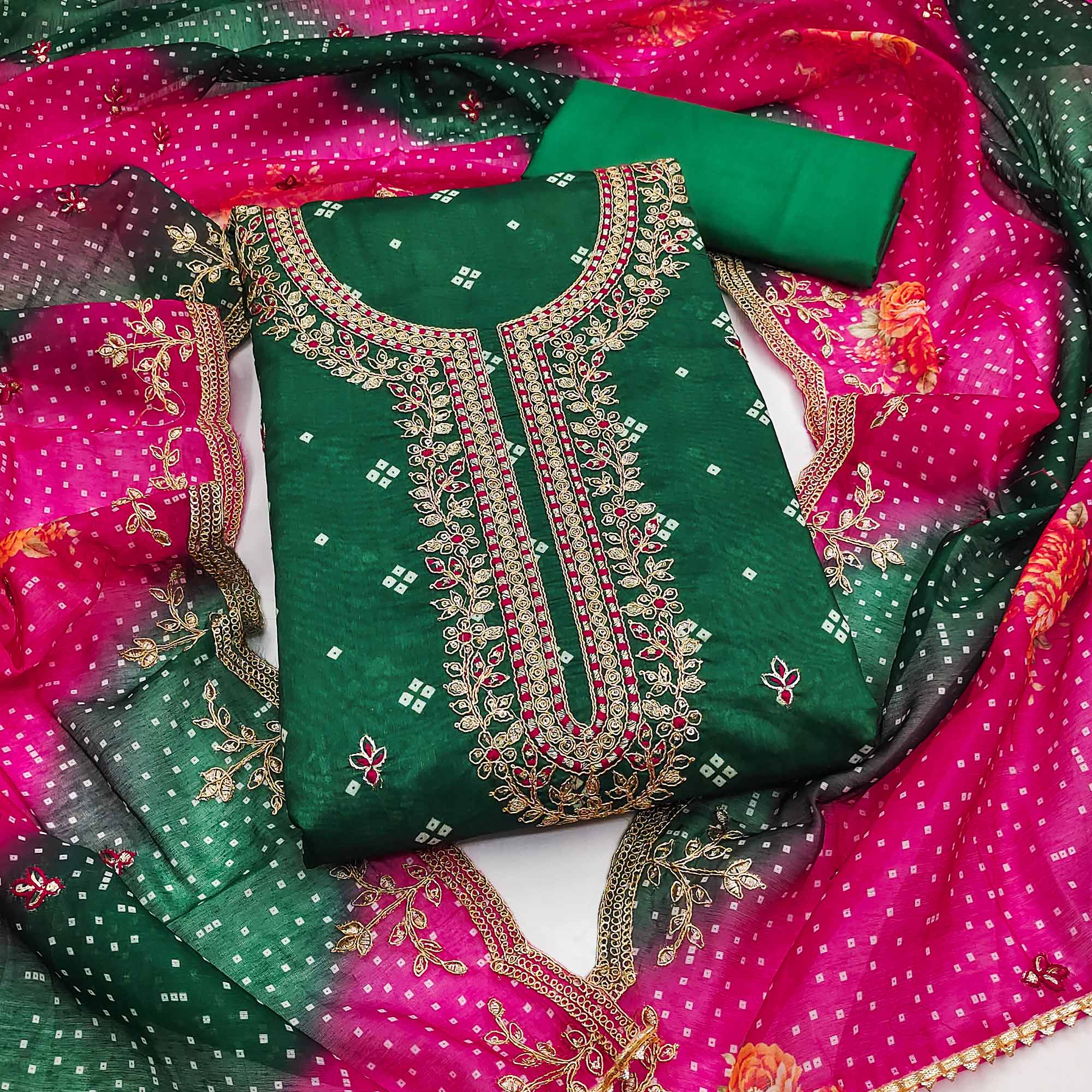 Green dress materials (unstitched) – BlackTree green-sequins-embroidered-with-printed-organza-dress-material