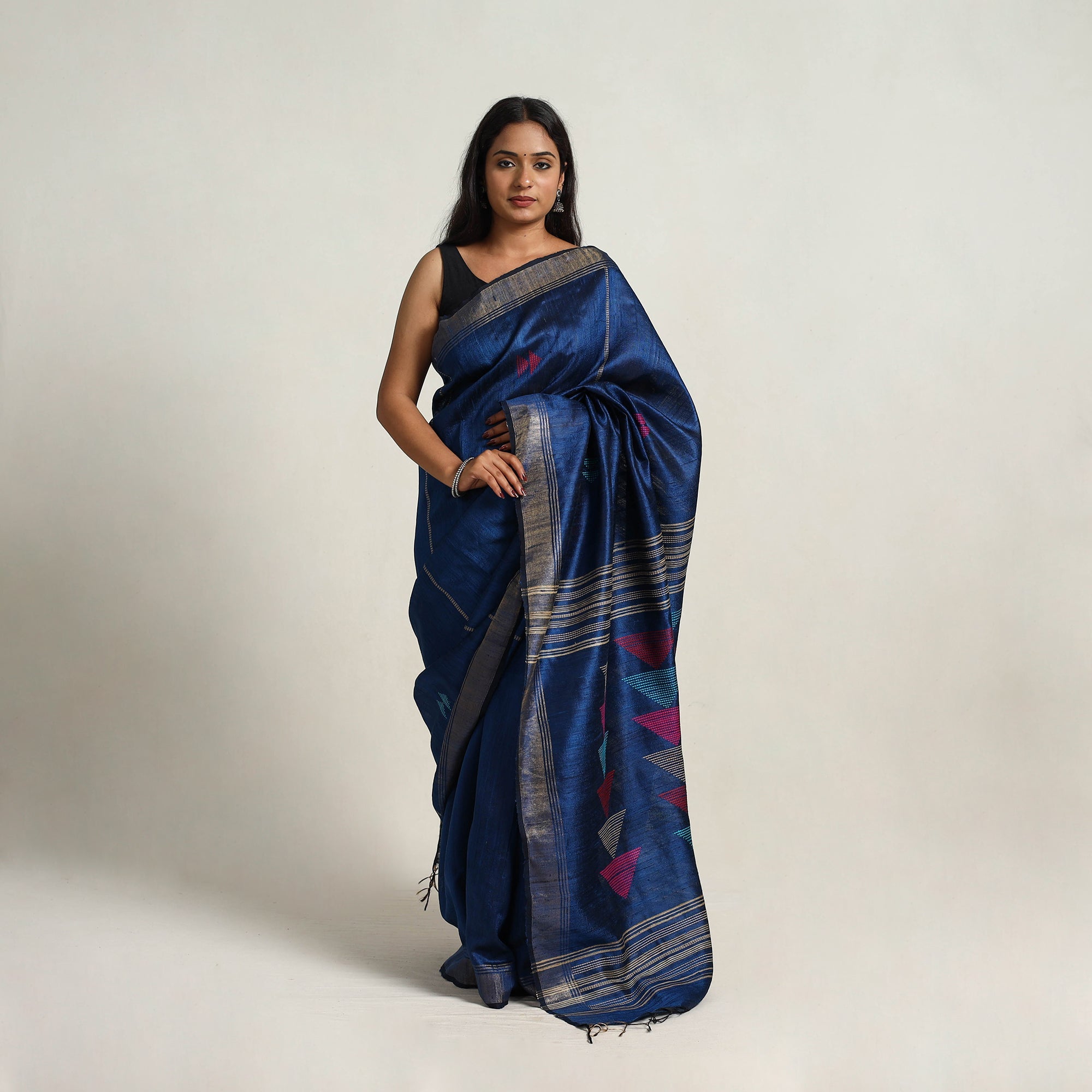 ITOKRI CRAFTS INITIATIVE Blue - Festive Desi Tussar Silk Bhagalpuri Handloom Saree 17