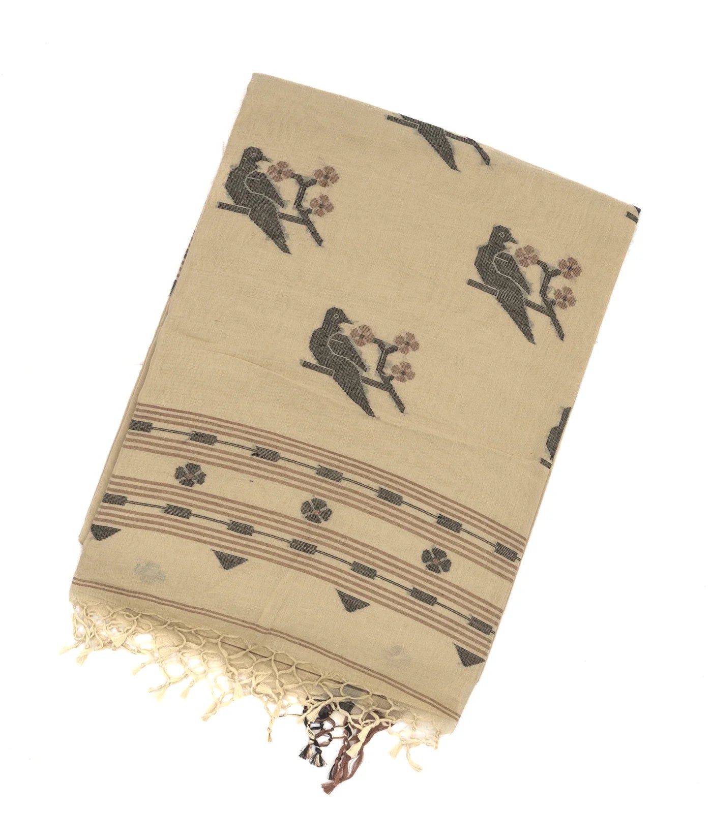 RmKV Taupe Handloom Bengal Cotton Saree With Bird Buttas