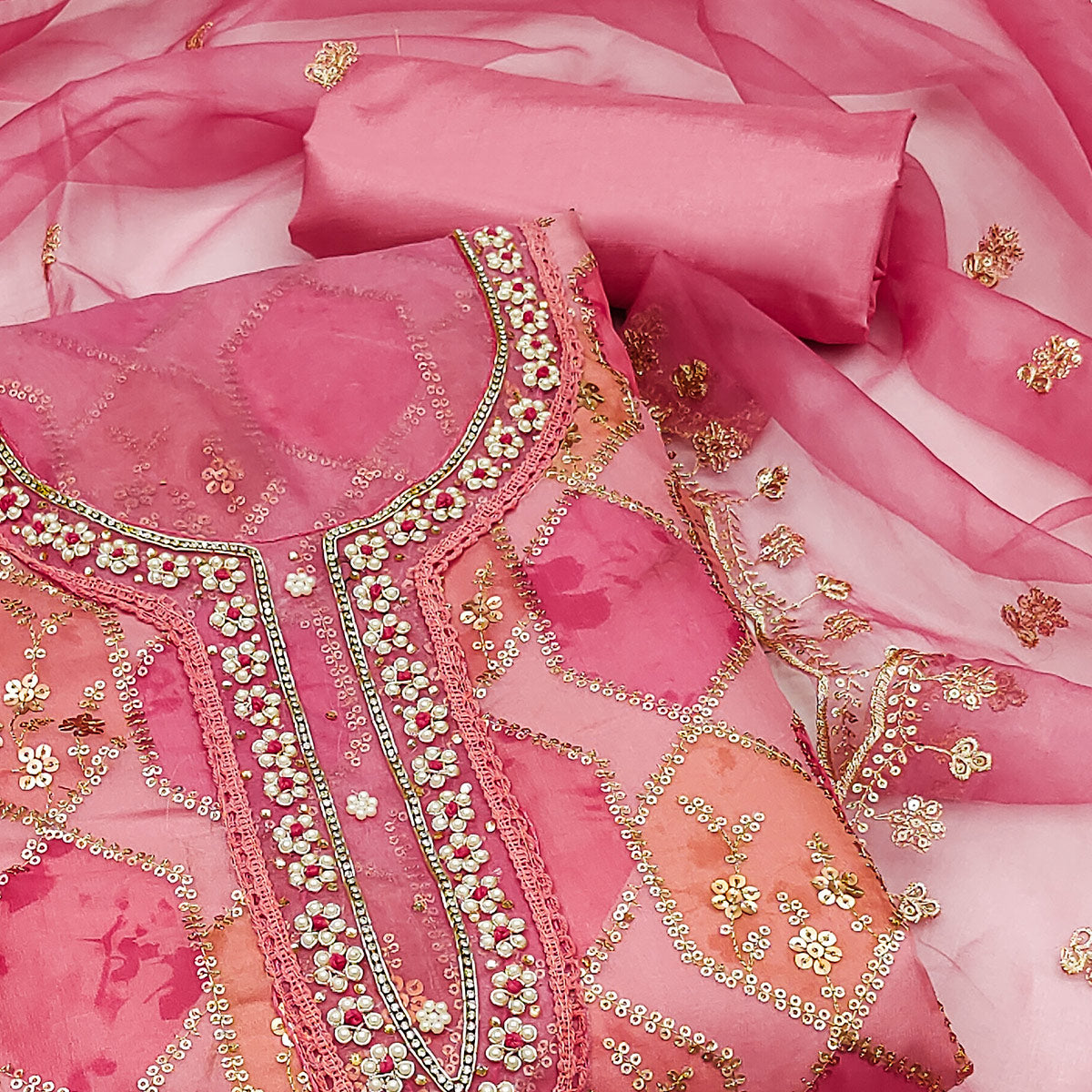 Peachmode Gajari Pink Sequins Embroidered With Handwork Organza Dress Material - view 2