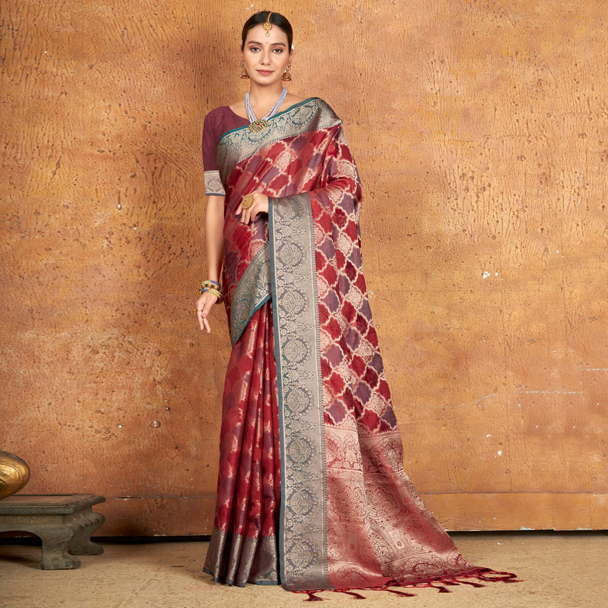 Peachmode Maroon Woven Organza Saree With Tassels