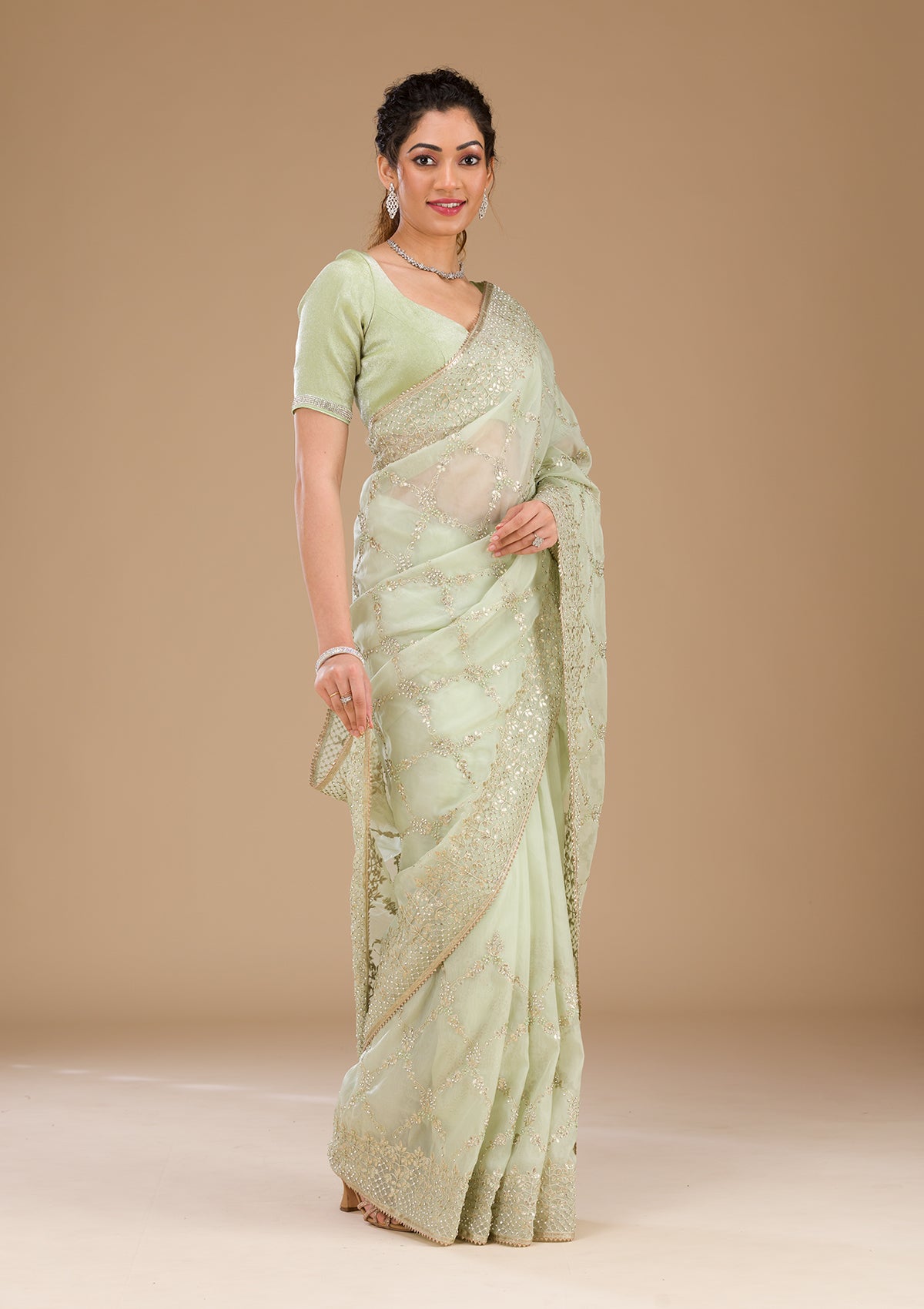Koskii Pista Green Gotapatti Tissue Saree – Women's - view 5