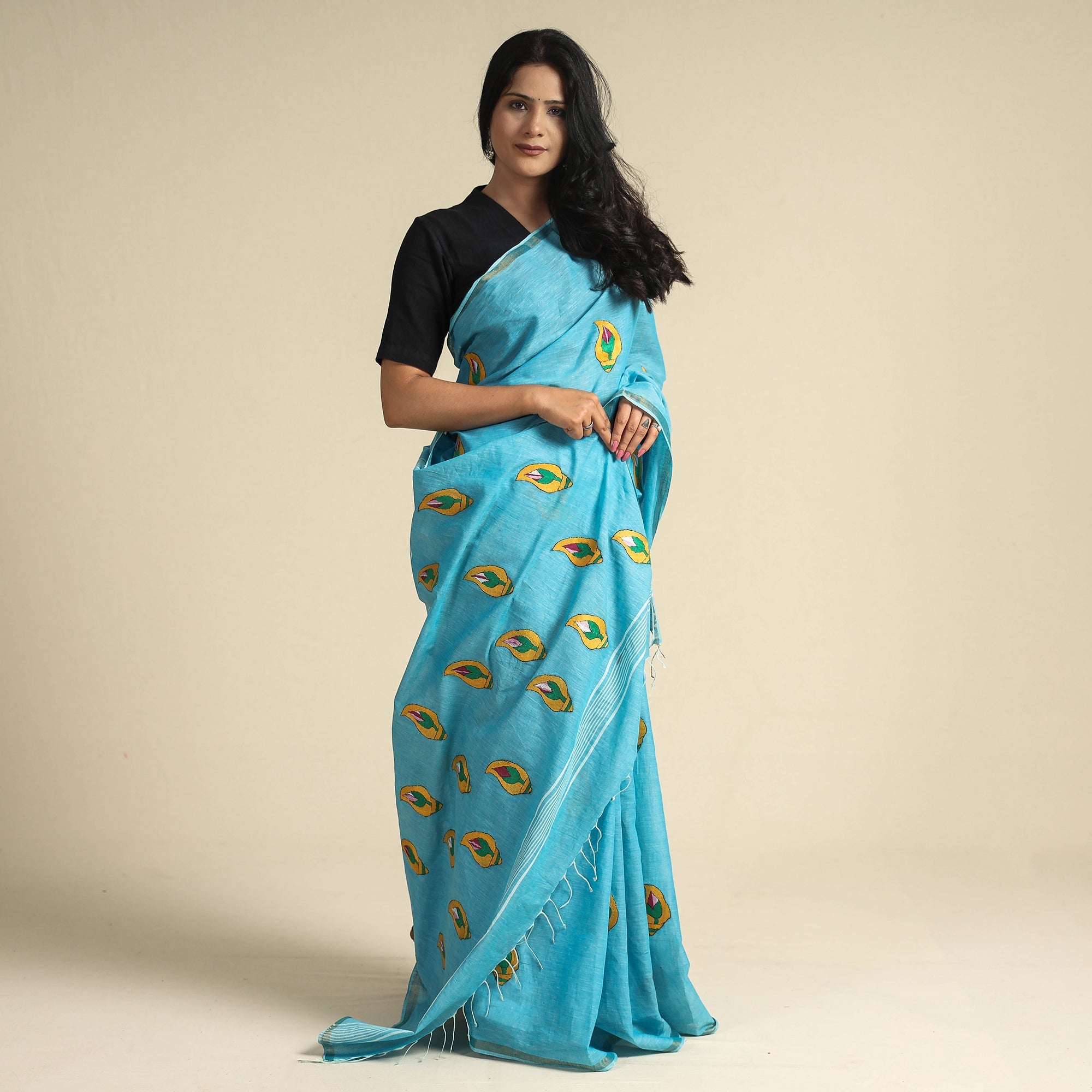 KHUSHBASH - HAPPY LOOM OF EAST Blue - Bengal Kantha Embroidery Pure Cotton Handloom Saree - view 3