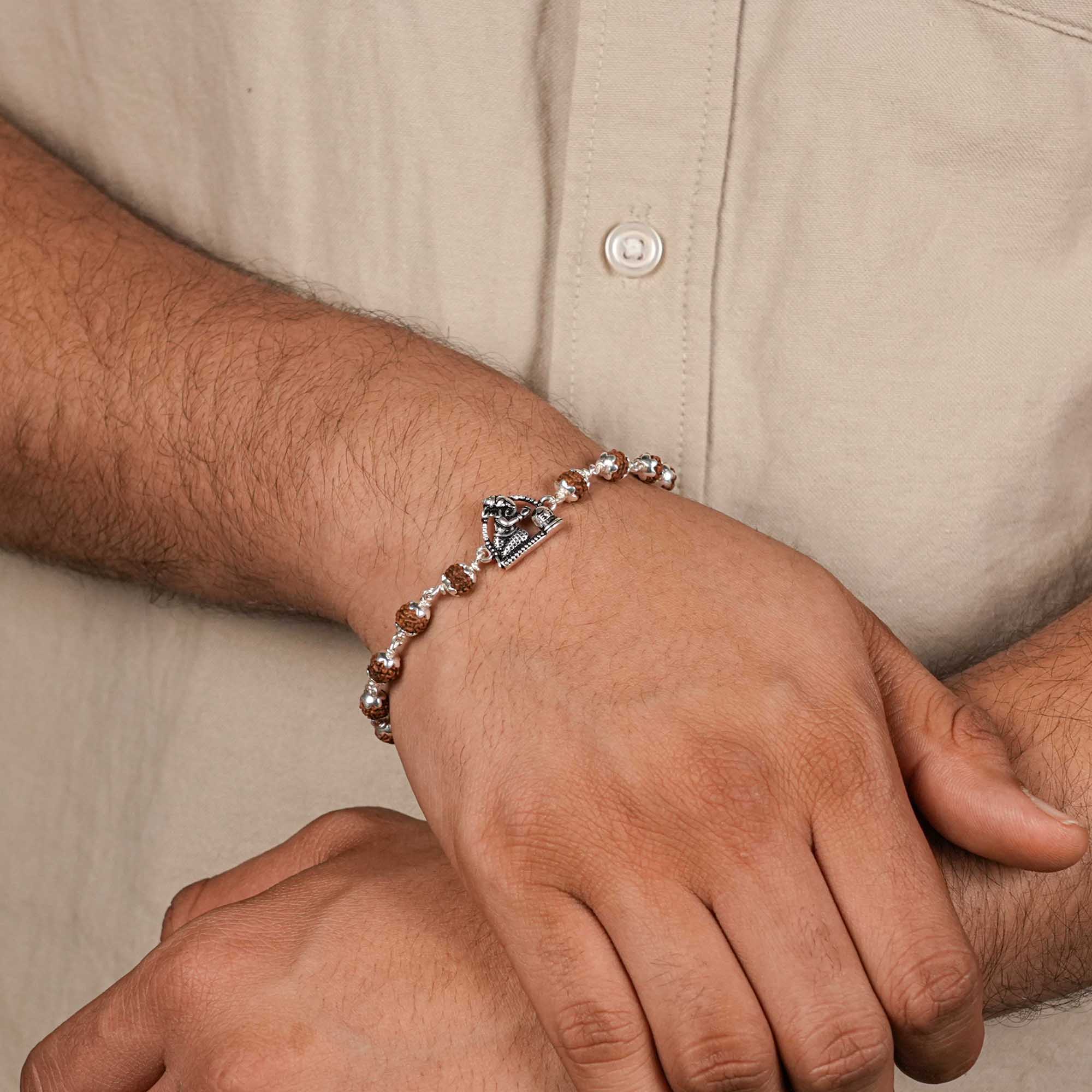 Prinjal Jewellers Rudraksha silver bracelet with folded-hand Ganesh - view 2