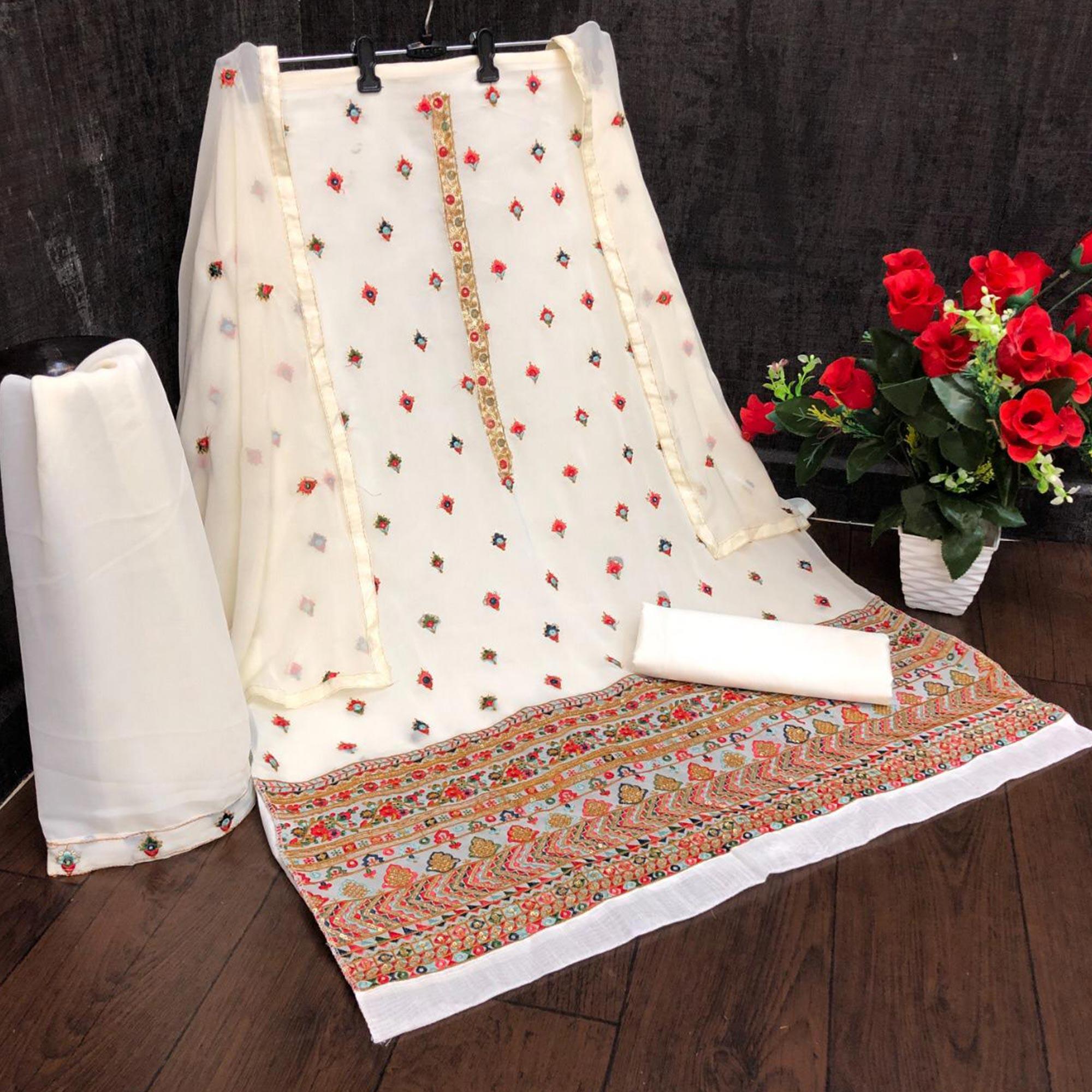 Peachmode Festive Wear White Sequins Embroidery Work Faux Georgette Patiala Suit - view 2
