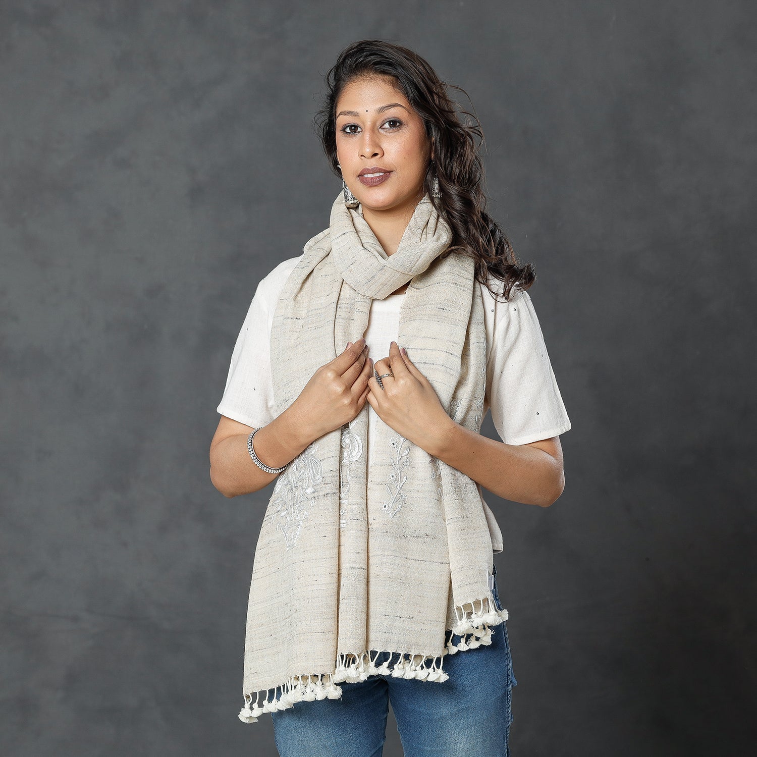 VANKAR BHIMJI KANJI Beige - Kutch Handwoven Pakko Embroidery Silk x Merino Wool Stole