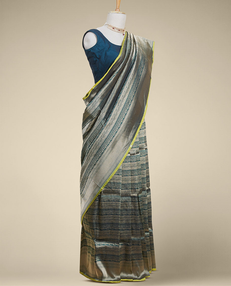 Pothys Green striped banaras silk saree with argyle pattern border - view 2