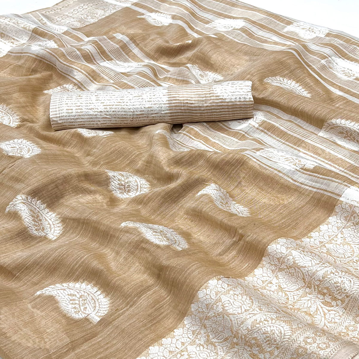 Peachmode Chikoo Woven Linen Saree – Women's - view 2