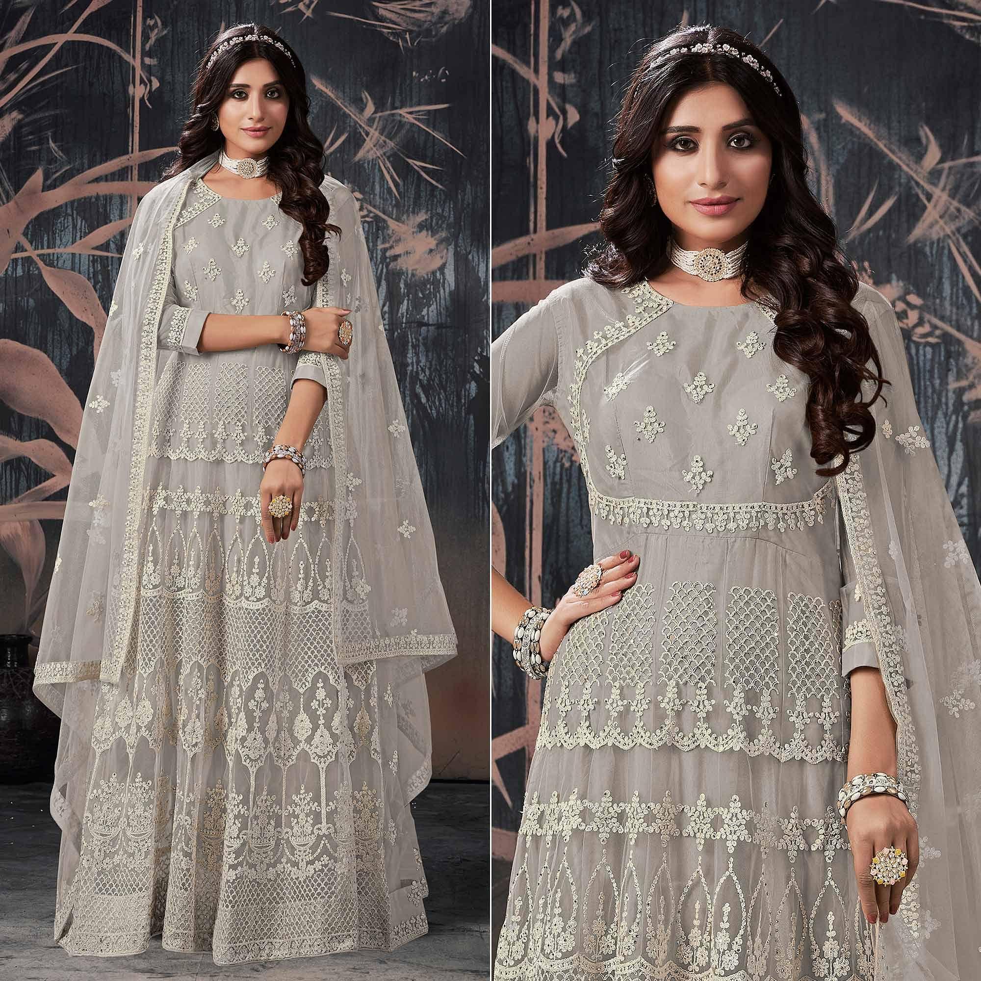 Peachmode Seller Grey Partywear Embroidery With Embellished Net Gown