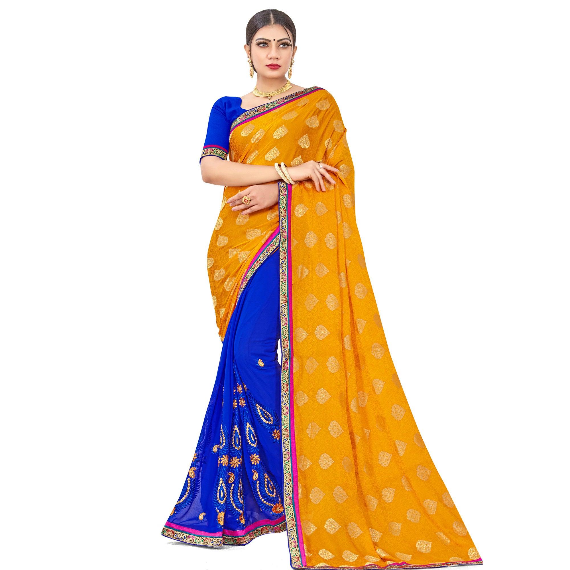 Peachmode Innovative Yellow-Blue Colored party Wear Embroidered Georgette Half-Half Saree