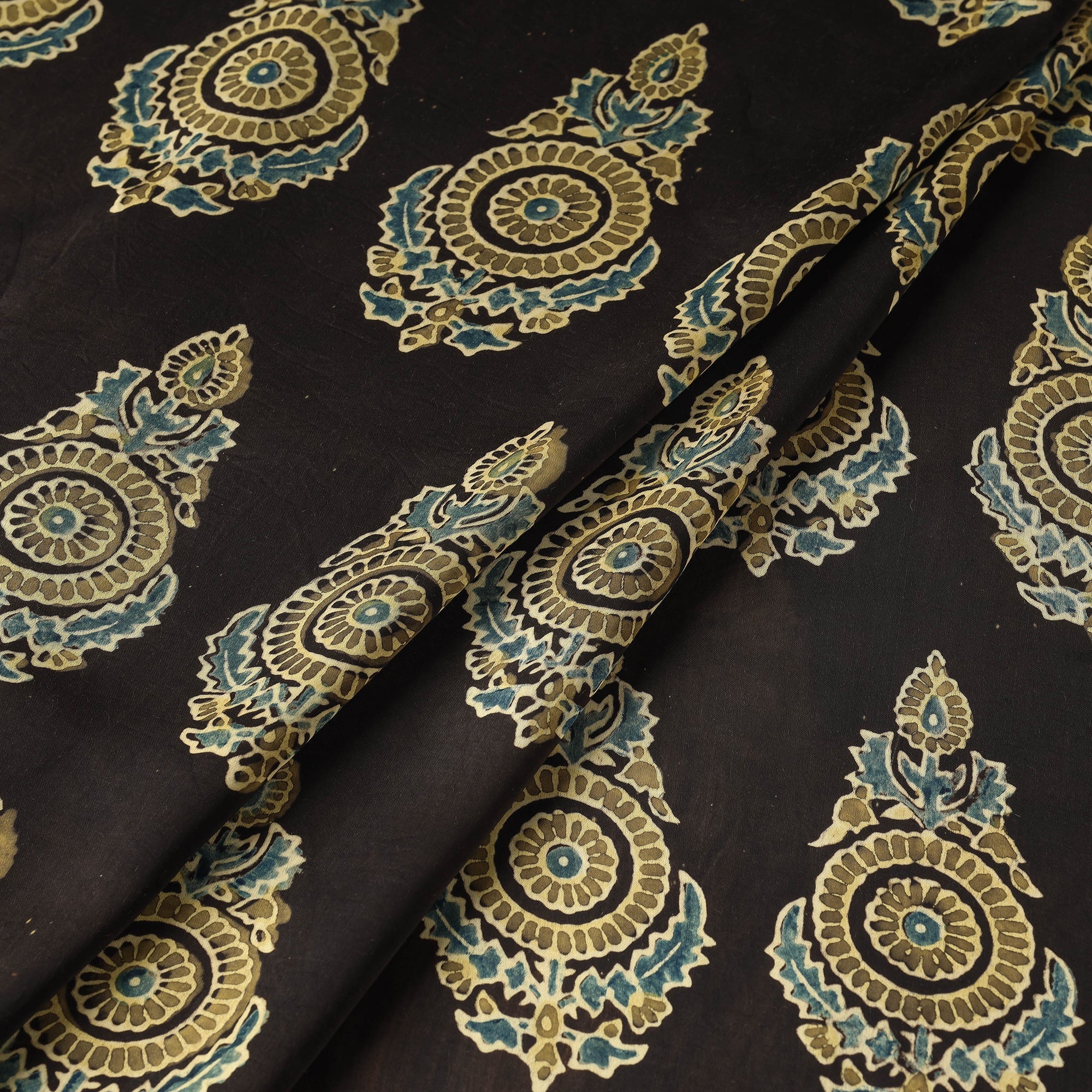 RIYAZ ABDULMAJID KHATRI - AJRAKH Black - Yellow Patterned Butta On Black Ajrakh Hand Block Printed Modal Silk Fabric - view 2