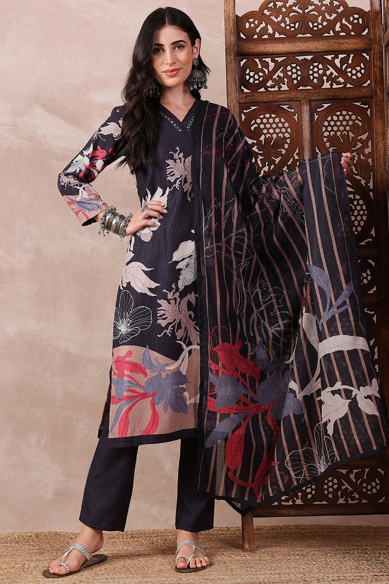 Ahika Black Rayon Blend Floral Printed Straight Trouser Bottom Suit Set PKSKD2543BLK - view 2
