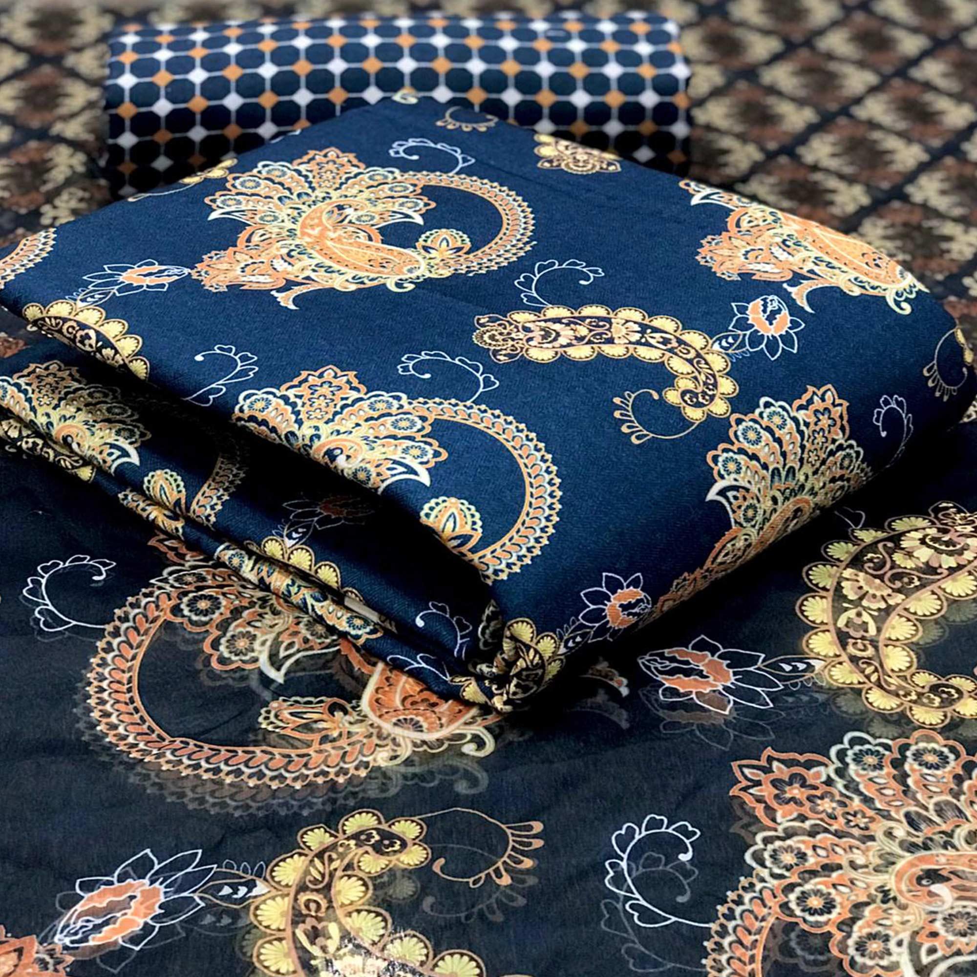 Peachmode Ideal Navy Blue Colored Casual Wear Printed Pashmina Dress Material