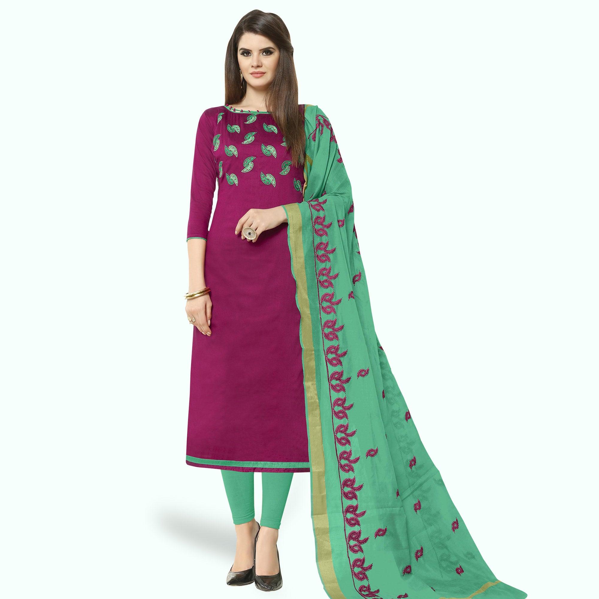 Peachmode Breathtaking Purple Colored Casual Wear Embroidered Cotton Dress Material