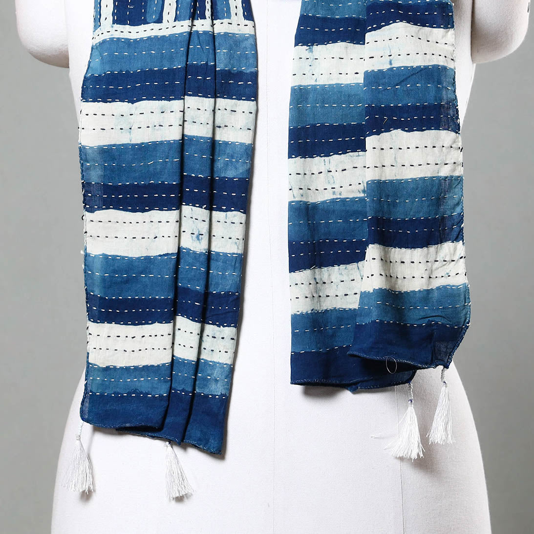 ARTISAN HAND BLOCK PRINTS Blue - Block Printed Tagai Work Cotton Stole with Tassels - view 3