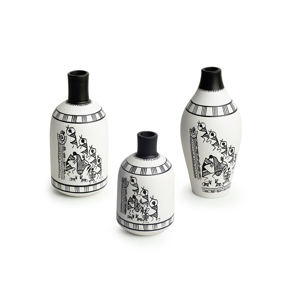 EXCLUSIVELANE 'The Warli Tales' Handpainted Terracotta Vases (Set of 3, White) - view 2