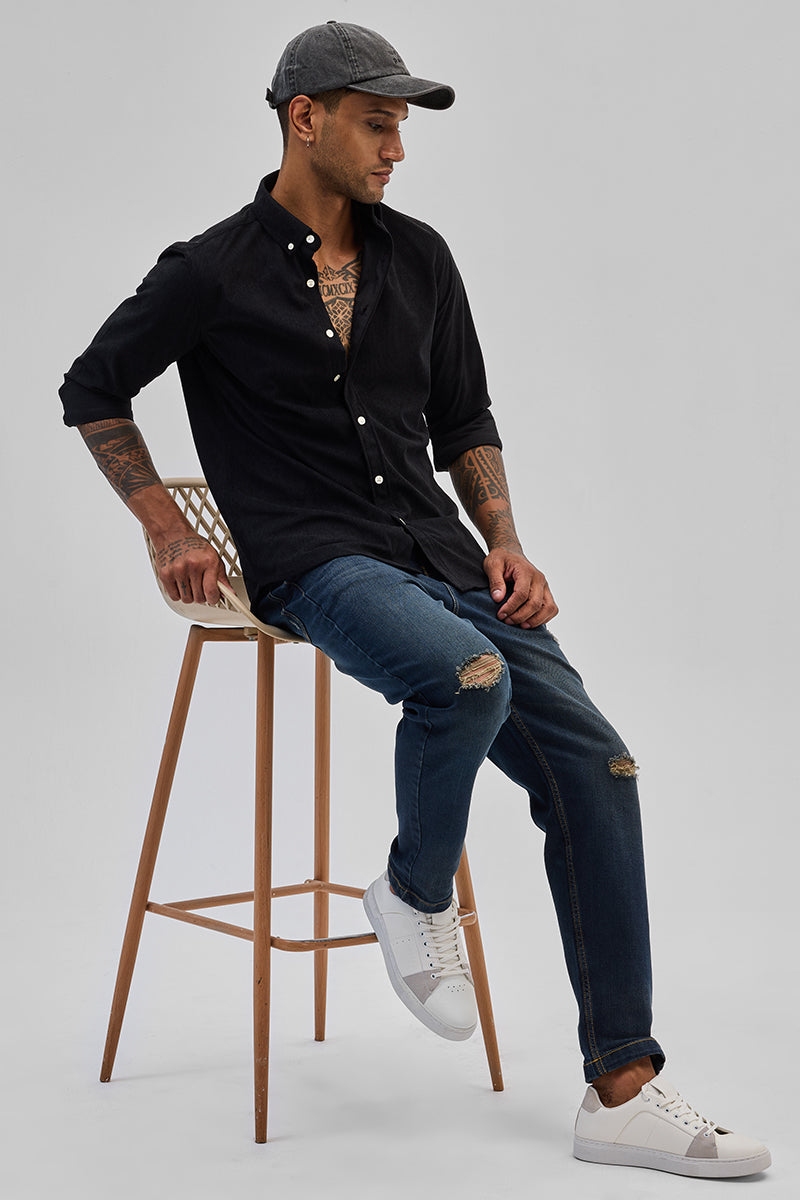 SNITCH Black Slim Fit Corduroy Shirt - view 3