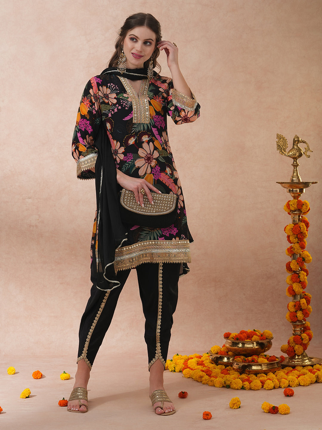 FASHOR Abstract Floral Printed & Hand Embroidered A-Line Kurta with Pant & Dupatta - Black - view 3