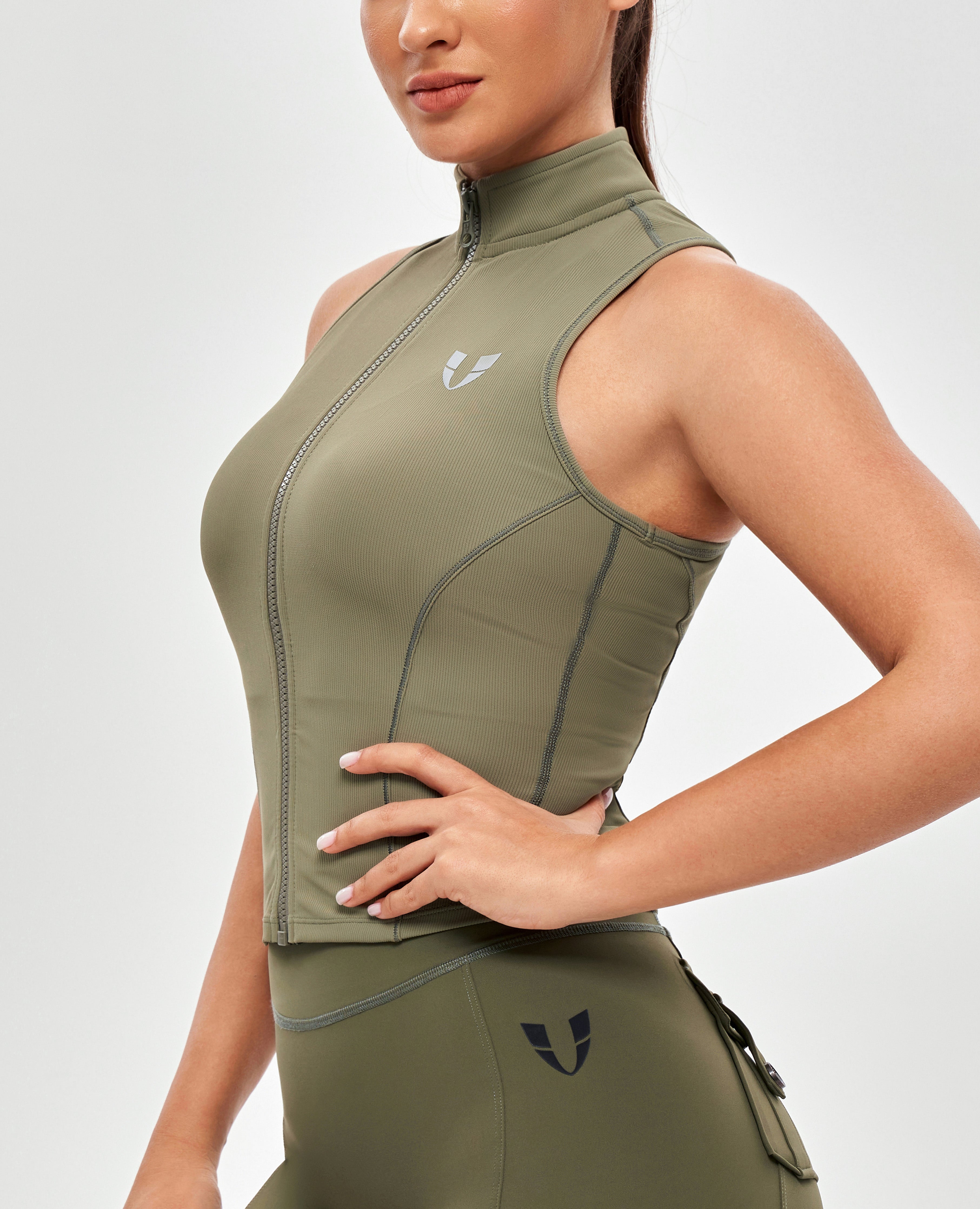 FIRM ABS Ribbed Zip Up Tank - Olive Gray - view 3