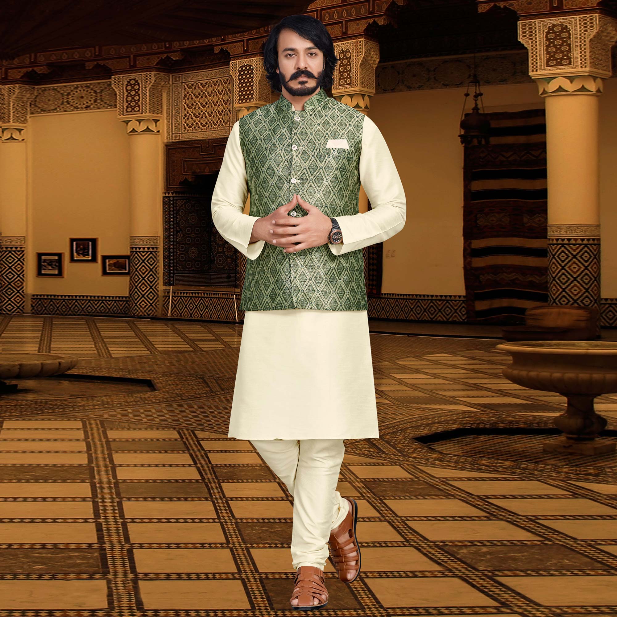 Peachmode Seller Cream Green Woven Art Silk Kurta Pyjama Set With Jacket - view 2